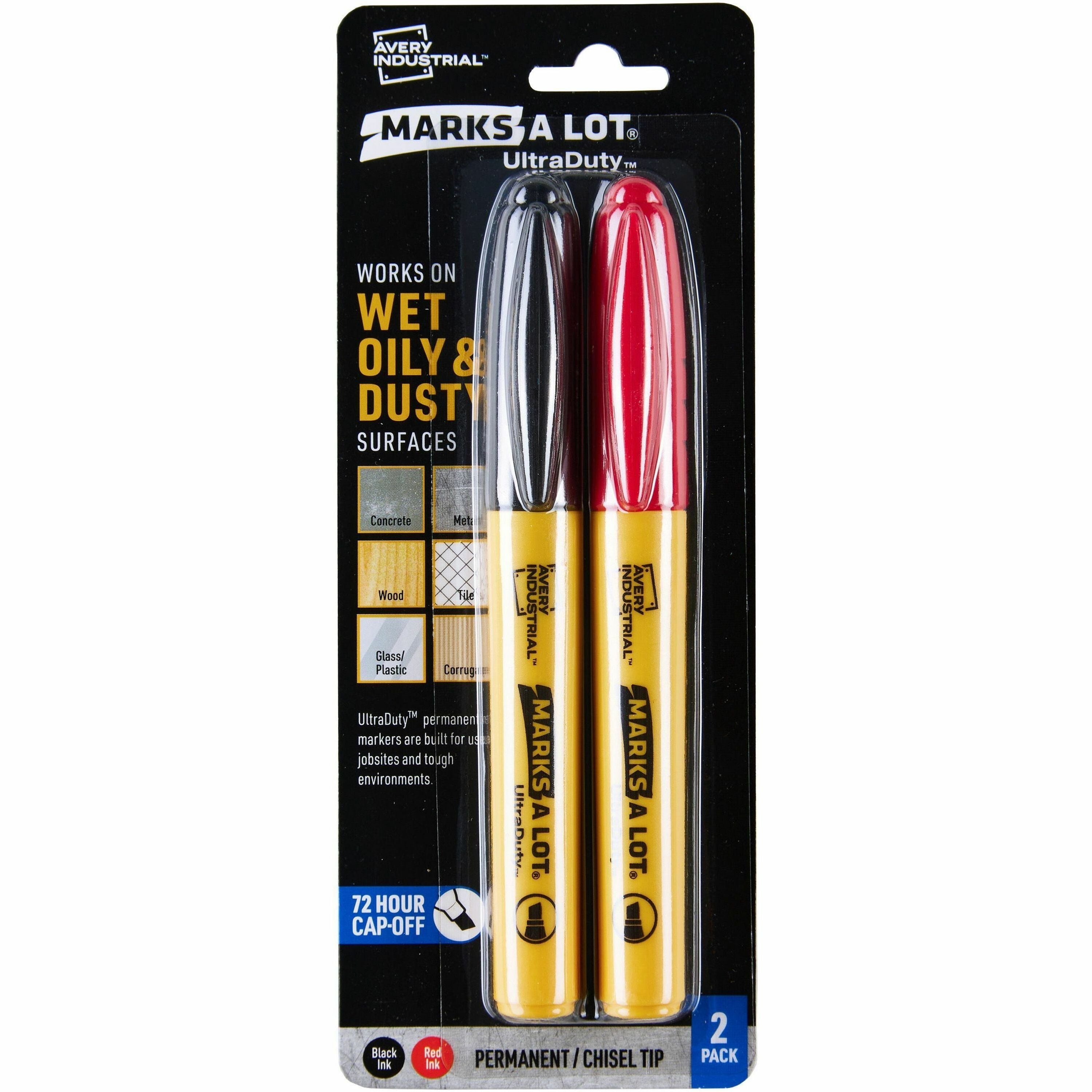 Avery UltraDuty Markers, Chisel Tip, 2 Assorted Markers (29863) - Bold, Narrow Marker Point - 1 mm Marker Point Size - Chisel Marker Point Style - Black, Red - Polyester Tip - 2 Pack