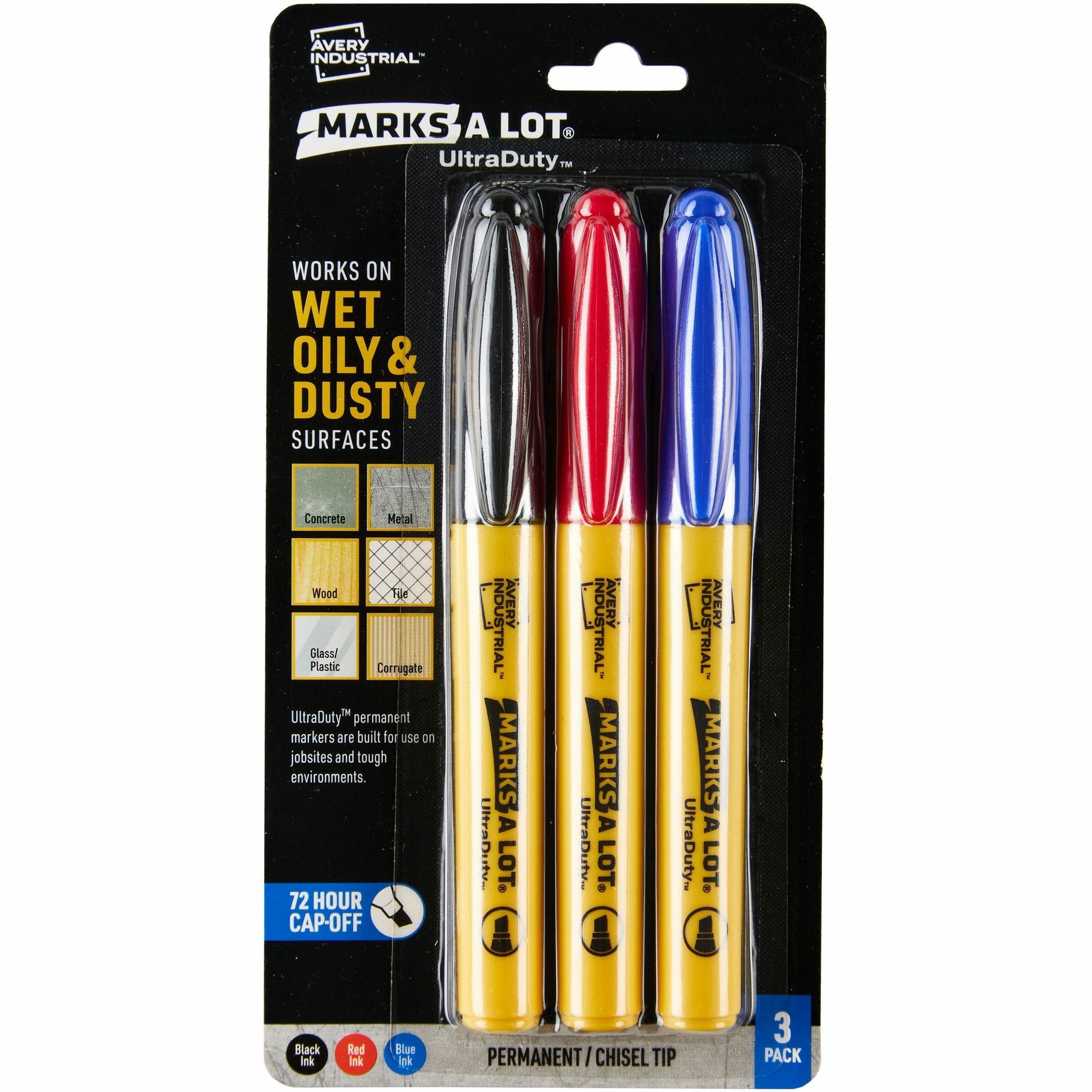 Avery UltraDuty Markers, Chisel Tip, 3 Assorted Markers (29864) - Bold, Narrow Marker Point - 1 mm Marker Point Size - Chisel Marker Point Style - Black, Red, Blue - Polyester Tip - 3 Pack