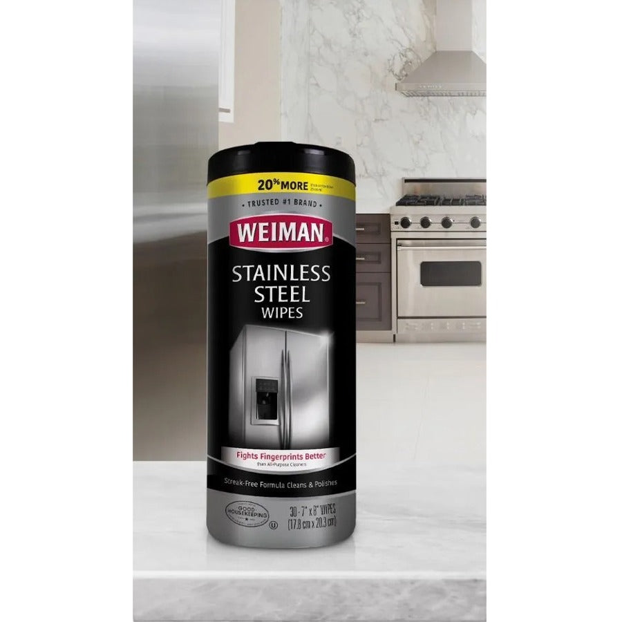 Weiman Stainless Steel Wipes - 30 / Canister - 4 / Carton - Streak-free, Fingerprint Resistant, Dust Resistant, Dirt Resistant, Pre-moistened, Grease Resistant, pH Neutral - White