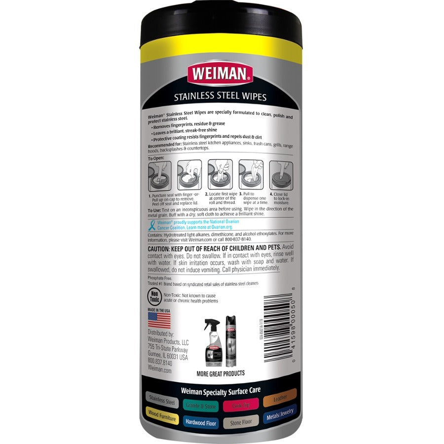 Weiman Stainless Steel Wipes - 30 / Canister - 4 / Carton - Streak-free, Fingerprint Resistant, Dust Resistant, Dirt Resistant, Pre-moistened, Grease Resistant, pH Neutral - White