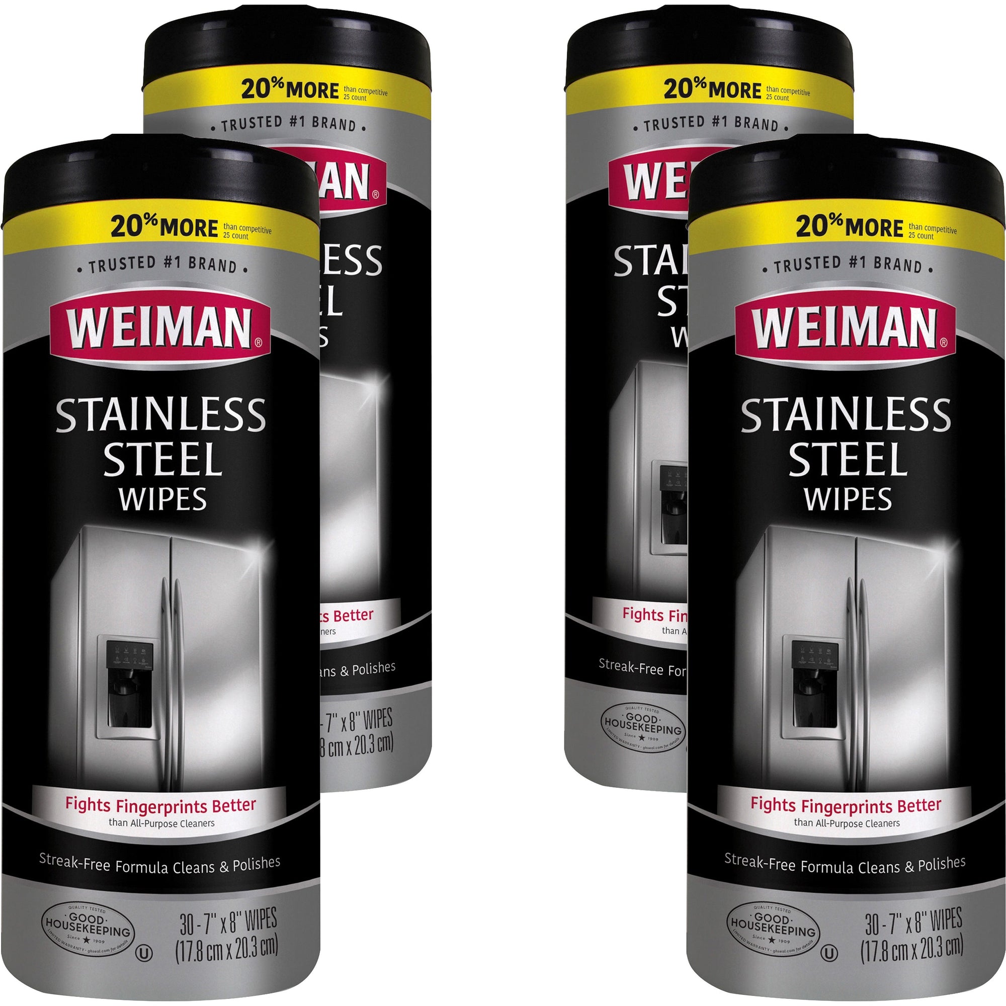 Weiman Stainless Steel Wipes - 30 / Canister - 4 / Carton - Streak-free, Fingerprint Resistant, Dust Resistant, Dirt Resistant, Pre-moistened, Grease Resistant, pH Neutral - White