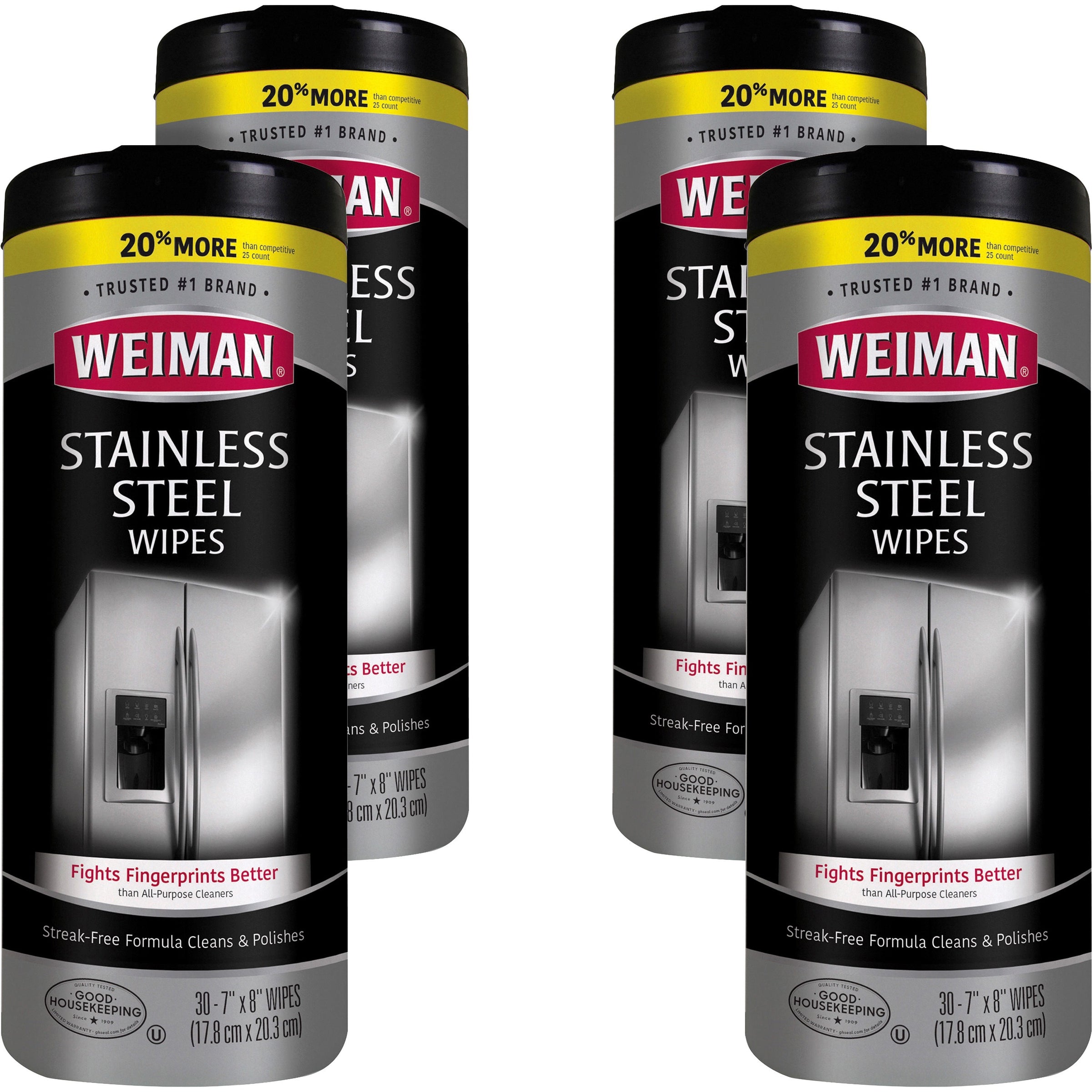 Weiman Stainless Steel Wipes - 30 / Canister - 4 / Carton - Streak-free, Fingerprint Resistant, Dust Resistant, Dirt Resistant, Pre-moistened, Grease Resistant, pH Neutral - White