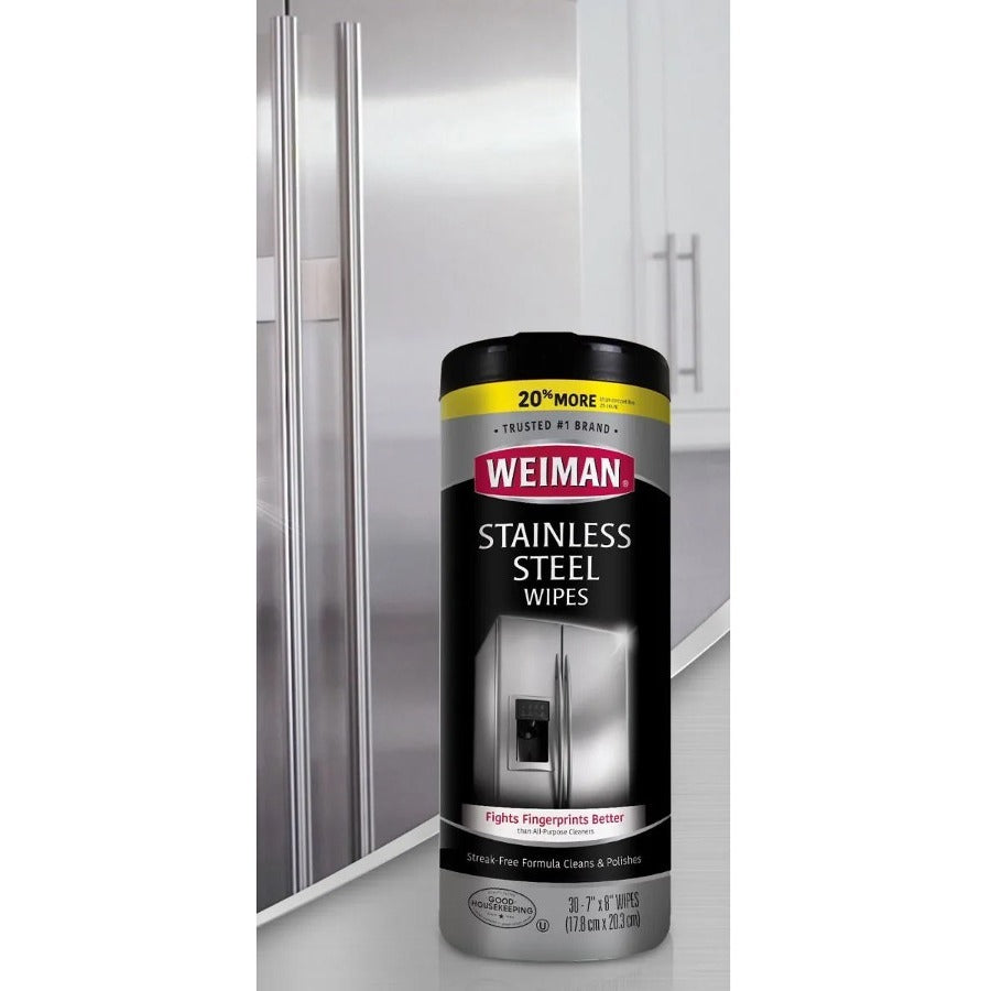 Weiman Stainless Steel Wipes - 30 / Canister - 4 / Carton - Streak-free, Fingerprint Resistant, Dust Resistant, Dirt Resistant, Pre-moistened, Grease Resistant, pH Neutral - White