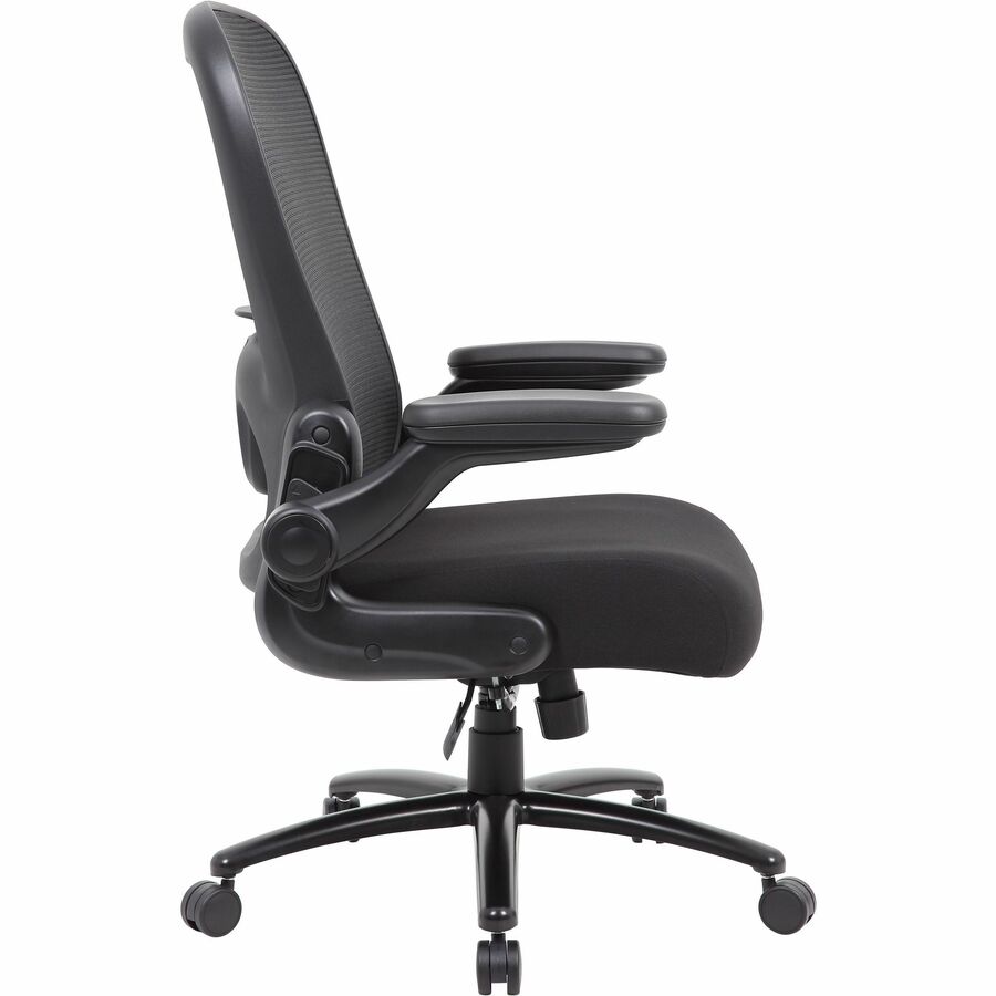 Boss Heavy Duty Flip Arm Mesh Chair - Black Fabric, High Density Foam (HDF) Seat - Black Mesh Back - Black Frame - 5-star Base - Armrest - 1 Each
