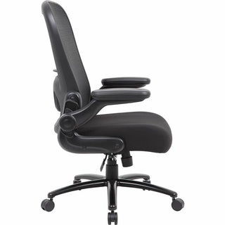 Boss Heavy Duty Flip Arm Mesh Chair - Black Fabric, High Density Foam (HDF) Seat - Black Mesh Back - Black Frame - 5-star Base - Armrest - 1 Each