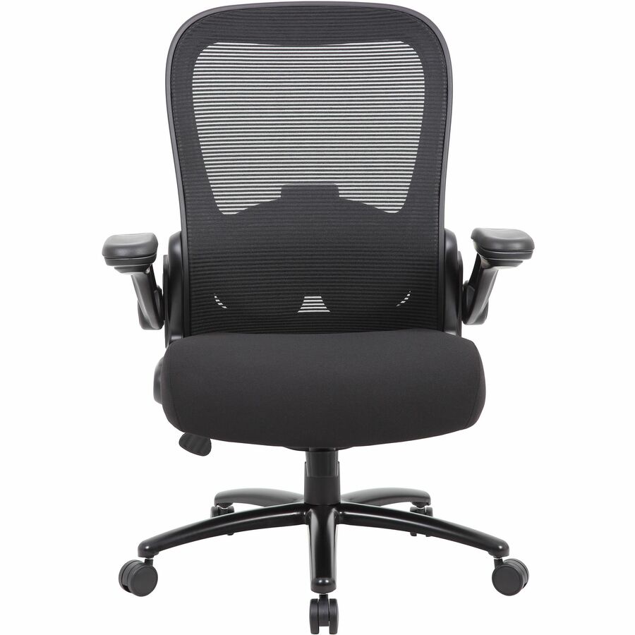 Boss Heavy Duty Flip Arm Mesh Chair - Black Fabric, High Density Foam (HDF) Seat - Black Mesh Back - Black Frame - 5-star Base - Armrest - 1 Each