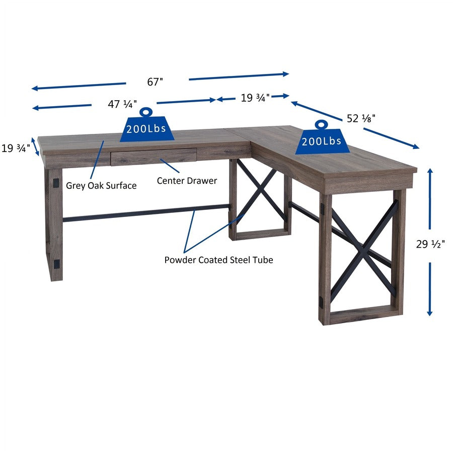 LYS L-Shaped Industrial Desk - For - Table TopL-shaped Top - 200 lb Capacity x 52.13" Table Top Width x 19.75" Table Top Depth - 29.50" Height - Assembly Required - Aged Oak - Medium Density Fiberboard (MDF) - 1 Each