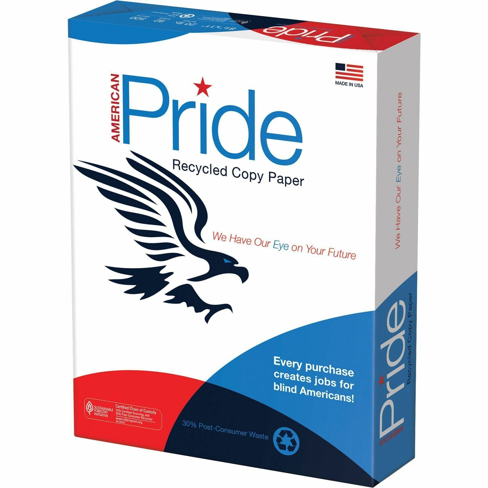 American Pride Recycled Copy Paper - White - Letter - 8 1/2" x 11" - 20 lb Basis Weight - 10 / Carton - Sustainable Forestry Initiative (SFI) - White