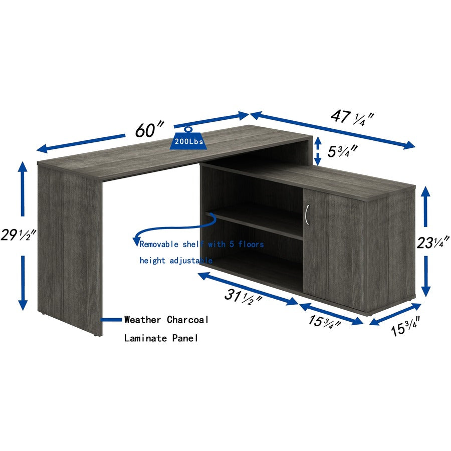 LYS L-Shape Workstation with Cabinet - For - Table TopLaminated L-shaped Top - 200 lb Capacity - 29.50" Height x 60" Width x 47.25" Depth - Assembly Required - Weathered Charcoal - Particleboard - 1 Each - 7