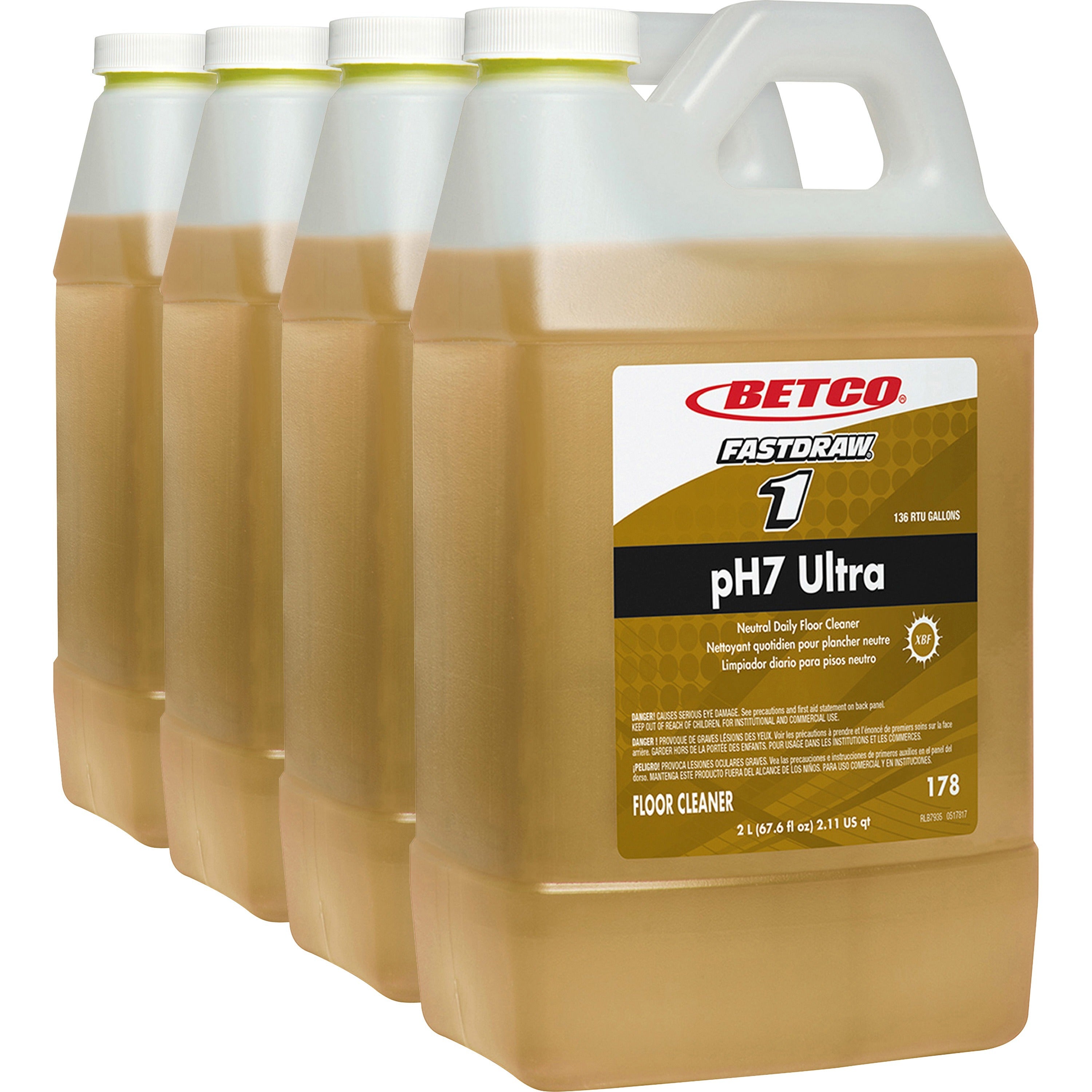 Betco pH7 Ultra Floor Cleaner - FASTDRAW 1 - Concentrate - 67.6 fl oz (2.1 quart) - Pleasant Lemon Scent - 4 / Carton - Film-free, pH Neutral, Low Foaming, Spill Proof, Chemical Resistant, Water Soluble - Yellow - 1
