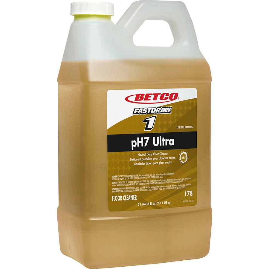 Betco pH7 Ultra Floor Cleaner - FASTDRAW 1 - Concentrate - 67.6 fl oz (2.1 quart) - Pleasant Lemon Scent - 4 / Carton - Film-free, pH Neutral, Low Foaming, Spill Proof, Chemical Resistant, Water Soluble - Yellow - 2
