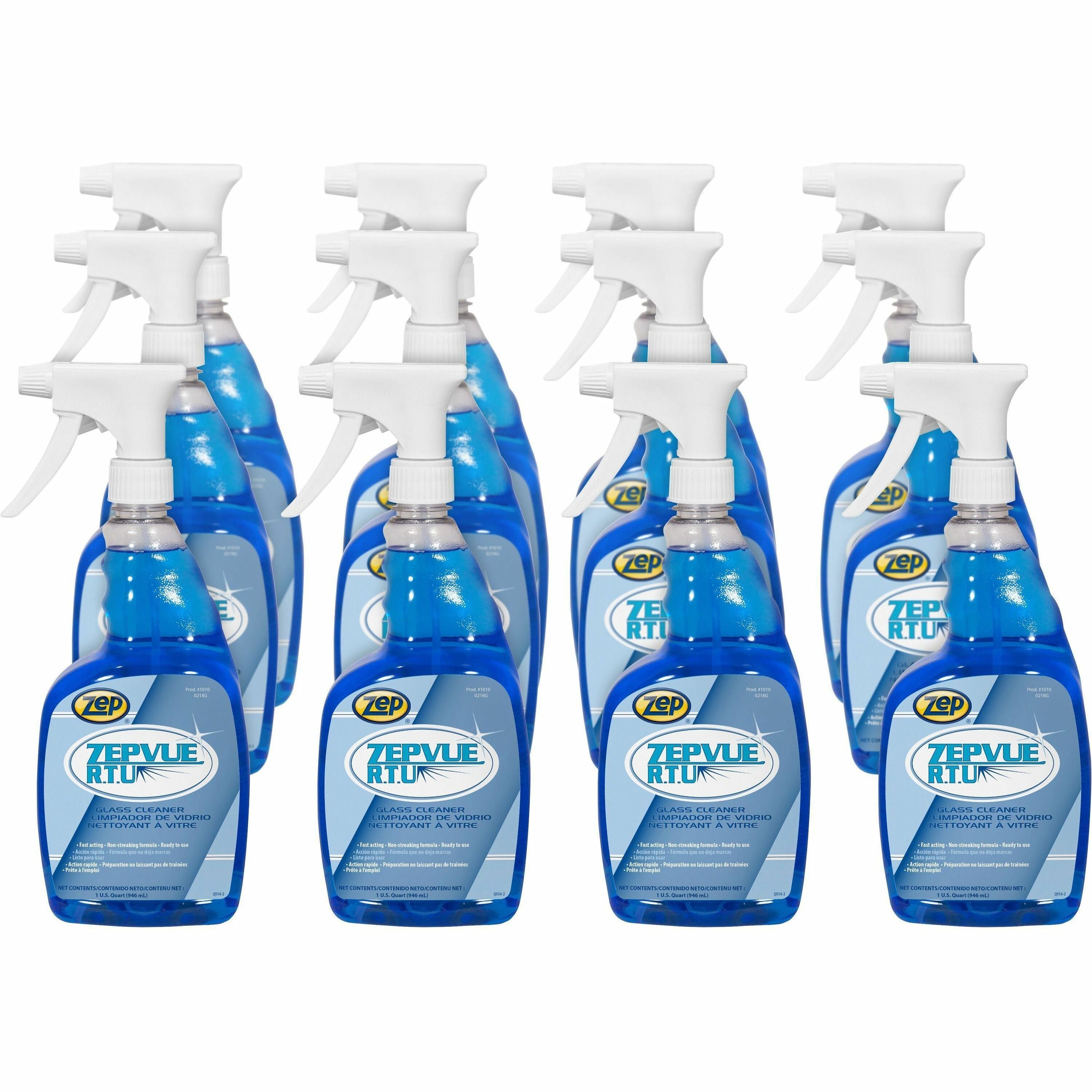 Zep Commercial Zepvue Glass Cleaner - Ready-To-Use - 32 fl oz (1 quart) - 12 / Box - Non-smearing - Light Blue