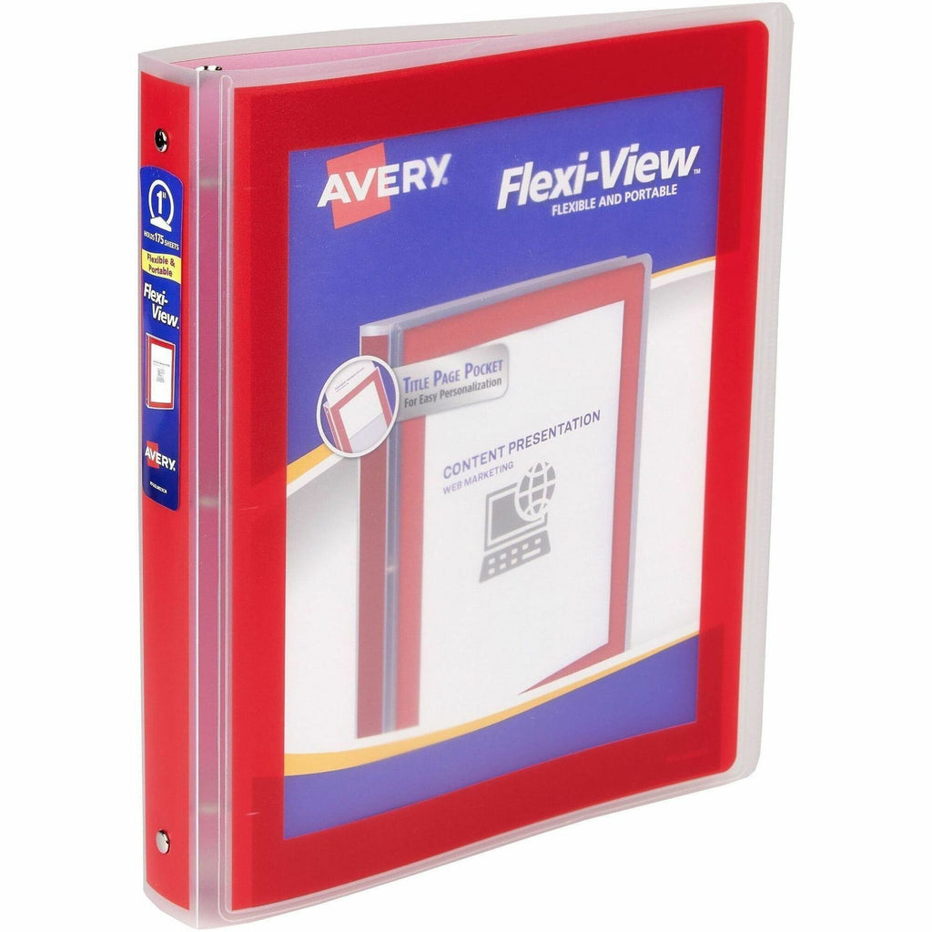 Avery Flexi-View 3 Ring Binder, 1 Inch Round Rings, 1 Red Binder - 1" Binder Capacity - Letter - 8 1/2" x 11" Sheet Size - 175 Sheet Capacity - Round Ring Fastener(s) - 1 Inside Back Pocket(s) - Polypropylene, Poly - Red - Durable, Spine, Flexib