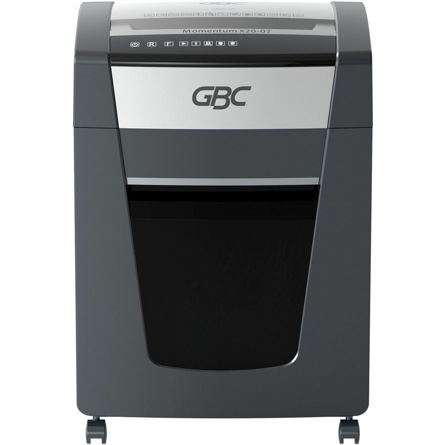 GBC Momentum Paper Shredder, X20-07, Micro-Cut, P-4, Anti-Jam, 20 Sheets - Continuous Shredder - Micro Cut - 20 Per Pass - for shredding Paper Clip, Paper, Junk Mail, Staples - P-4 - 9" Throat - 4 Hour Run Time - 7 gal Wastebin Capacity - Black