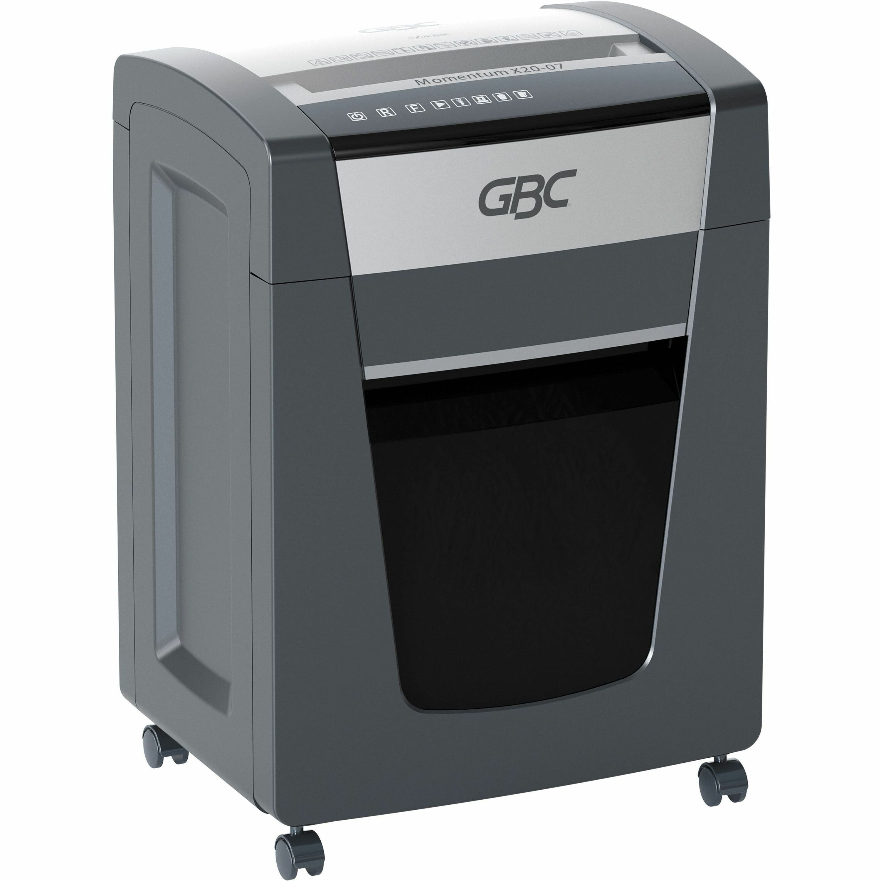 GBC Momentum Paper Shredder, X20-07, Micro-Cut, P-4, Anti-Jam, 20 Sheets - Continuous Shredder - Micro Cut - 20 Per Pass - for shredding Paper Clip, Paper, Junk Mail, Staples - P-4 - 9" Throat - 4 Hour Run Time - 7 gal Wastebin Capacity - Black