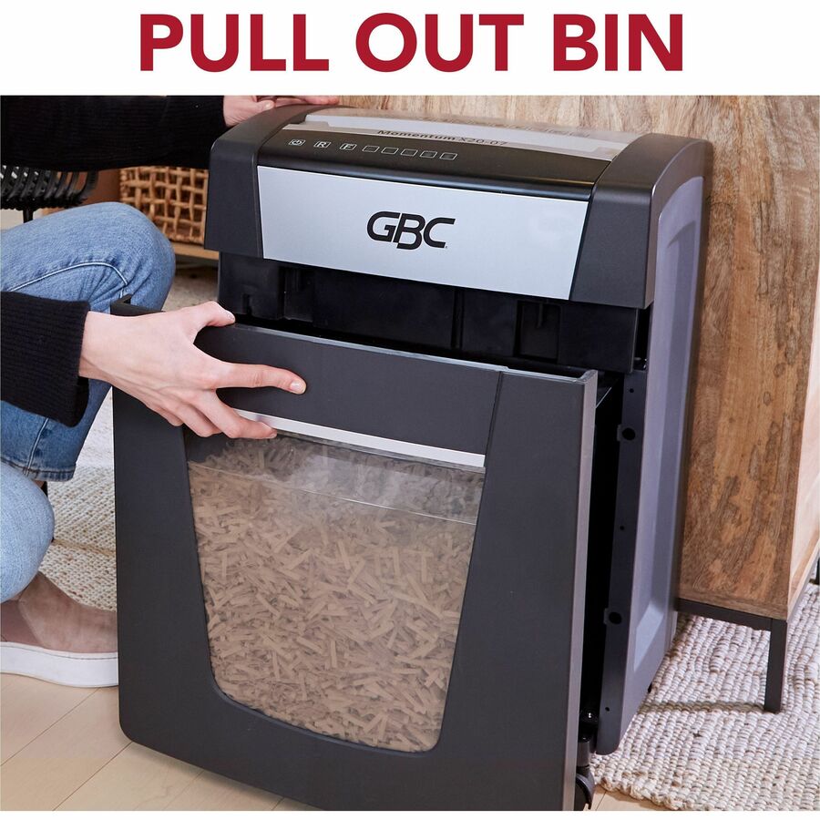 GBC Momentum Paper Shredder, X20-07, Micro-Cut, P-4, Anti-Jam, 20 Sheets - Continuous Shredder - Micro Cut - 20 Per Pass - for shredding Paper Clip, Paper, Junk Mail, Staples - P-4 - 9" Throat - 4 Hour Run Time - 7 gal Wastebin Capacity - Black