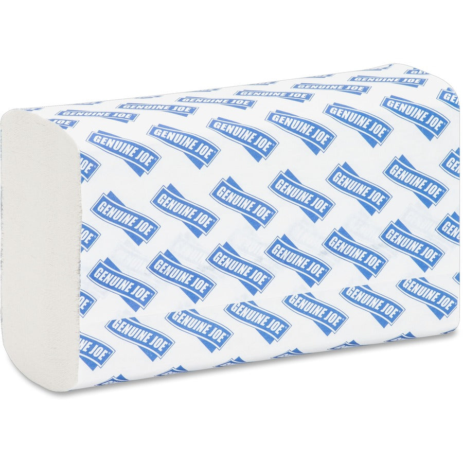 Genuine Joe Multifold Towels - 1 Ply - Multifold - 9.20" x 9.40" - White - Fiber - Embossed, Anti-contamination, Chlorine-free, Absorbent, Moisture Resistant, Interfolded - For Restroom, Public Facilities, Washroom - 250 Per Bundle - 960 / Pallet