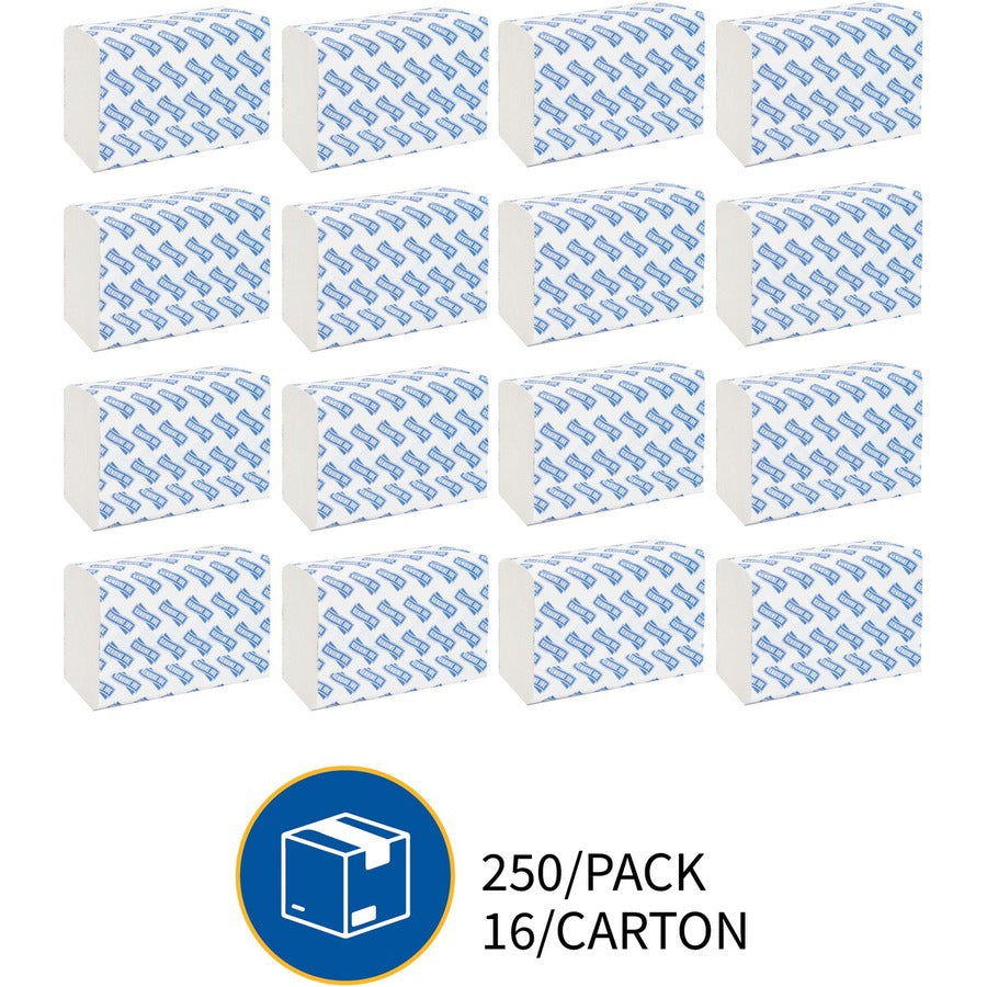 Genuine Joe Multifold Towels - 1 Ply - Multifold - 9.20" x 9.40" - White - Fiber - Embossed, Anti-contamination, Chlorine-free, Absorbent, Moisture Resistant, Interfolded - For Restroom, Public Facilities, Washroom - 250 Per Bundle - 960 / Pallet