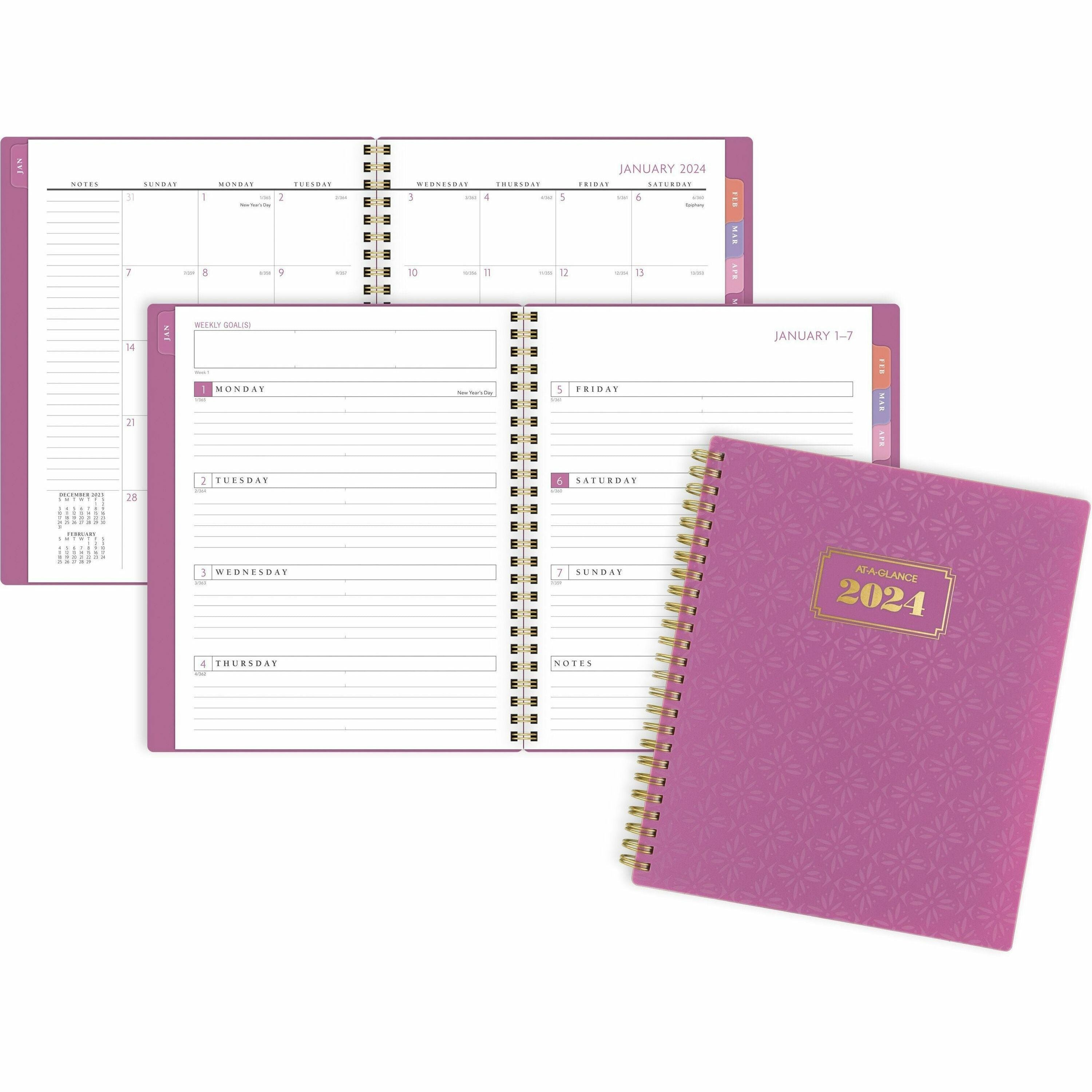 at-a-glance-badge-weekly-monthly-planner-small-size-weekly-monthly-13-month-january-2024-january-2025-7-x-8-3-4-sheet-size-twin-wire-purple-white-paper-bleed-resistant-dated-planning-page-reference-calendar-durable-flexibl_aag1675t805 - 1