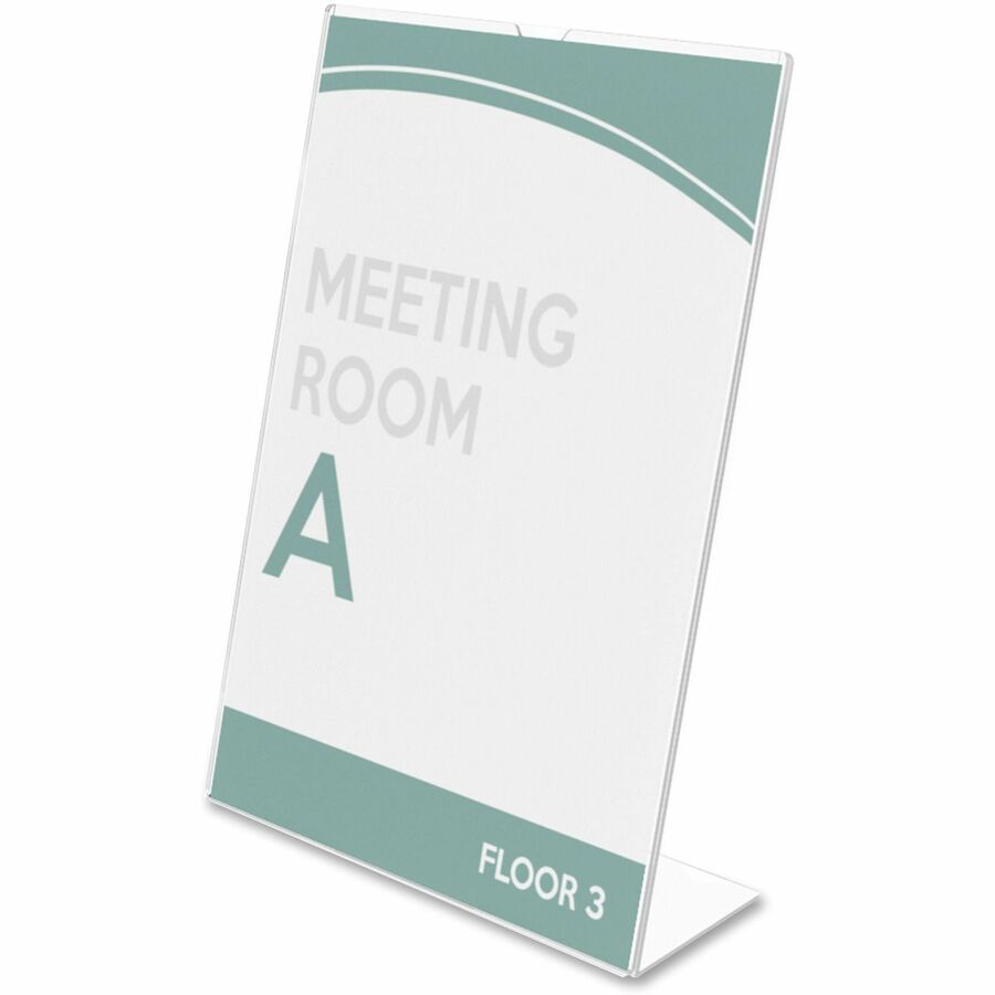 Deflecto Superior Image Slanted Sign Holders - 12 / Carton - 8.5" Width x 11" Height x 3.5" Depth - L-shaped Shape - Top Loading, Durable - Polystyrene - Clear