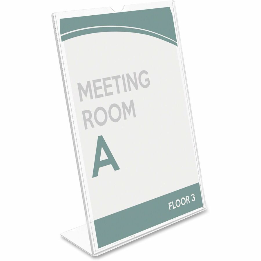Deflecto Superior Image Slanted Sign Holders - 12 / Carton - 8.5" Width x 11" Height x 3.5" Depth - L-shaped Shape - Top Loading, Durable - Polystyrene - Clear
