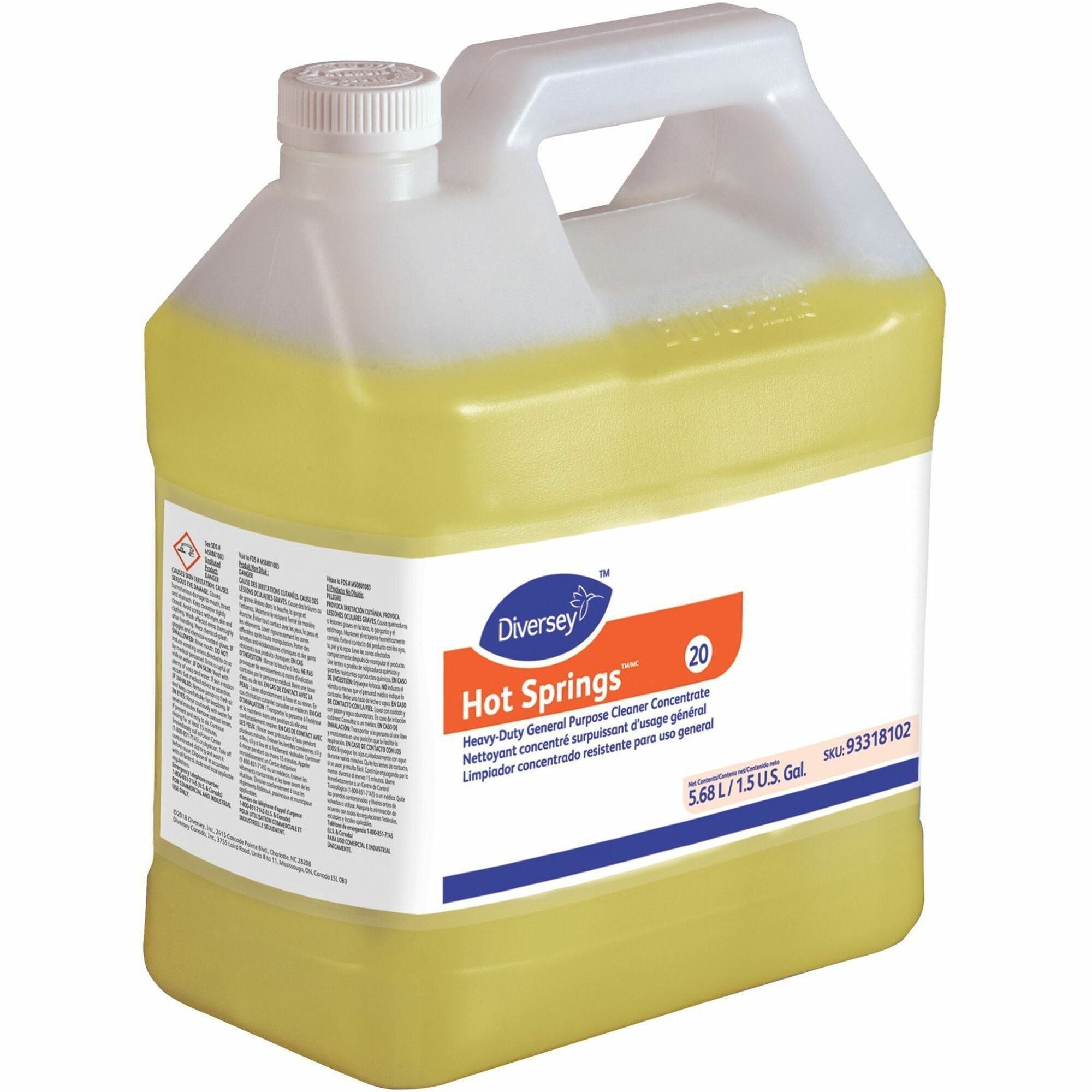 Diversey Hot Springs Heavy-Duty Cleaner - Concentrate - 192 fl oz (6 quart) - Citrus Scent - 2 / Carton - Heavy Duty, Caustic-free, Solvent-free, Phosphate-free - Yellow