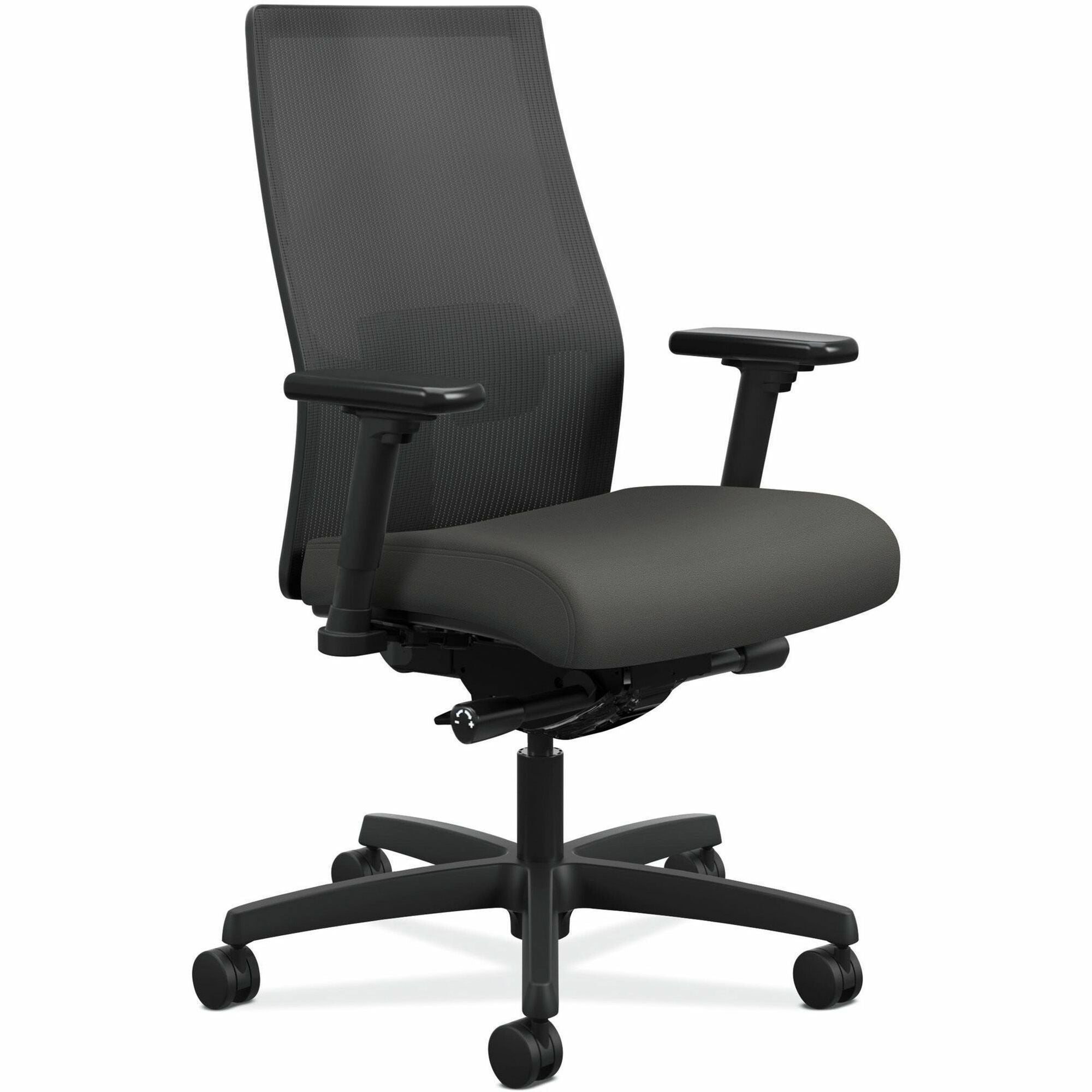 HON Ignition Black Mesh Back Chair - Fabric Seat - Iron Ore Fabric, Polyurethane Seat - Black Mesh Back - Black Frame - Mid Back - 5-star Base - 1 Each