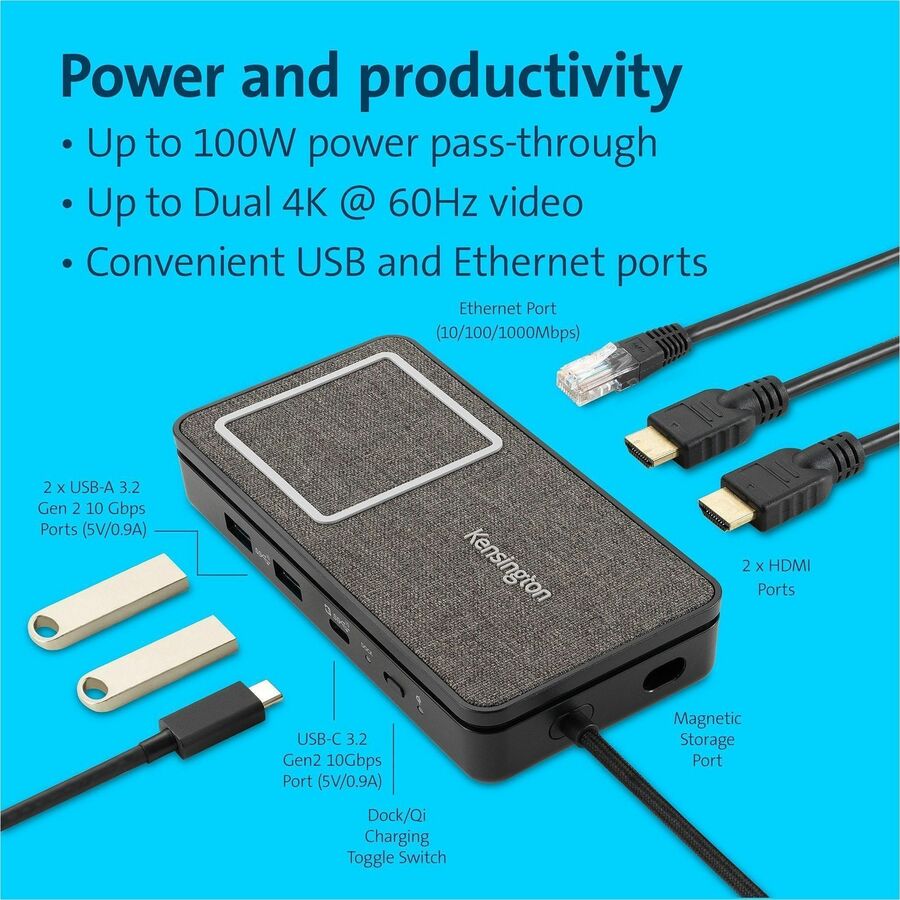 Kensington USB-C Dual 4K Portable Mobile Dock - for Notebook/Tablet/Smartphone/Monitor - USB Type C - 2 Displays Supported - 4K - 3840 x 2160 - USB Type-C - Network (RJ-45) - HDMI - Black - Wired - Ethernet - 85W - Portable