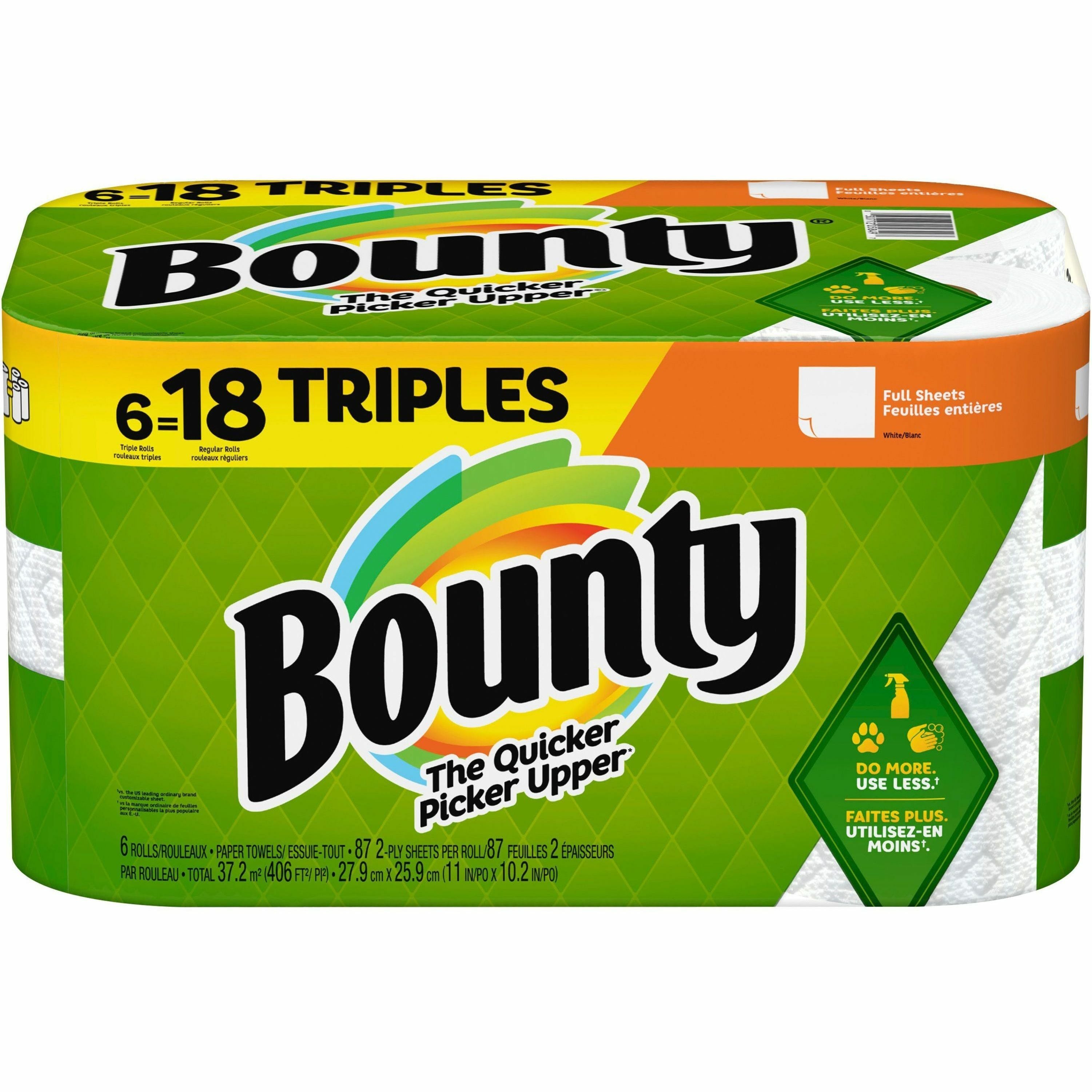 Bounty Full Sheet Paper Towels - 6 Triple Roll = 18 Regular - 2 Ply - 87 Sheets/Roll - White - Perforated, Absorbent, Durable - For Kitchen - 6 / Carton