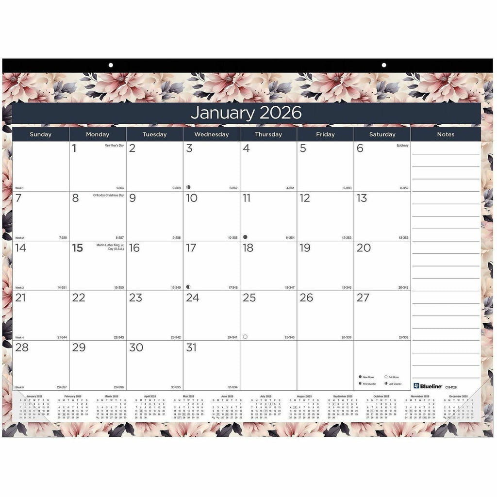 Blueline Abstract Floral Monthly Desk Pad - Monthly - 12 Month - January 2024 - December 2024 - 1 Month Single Page Layout - 17" x 22" Sheet Size - Desk Pad - Abstract Floral, Clear - Chipboard, Vinyl - Dated Planning Page, Daily Block, Notes Section