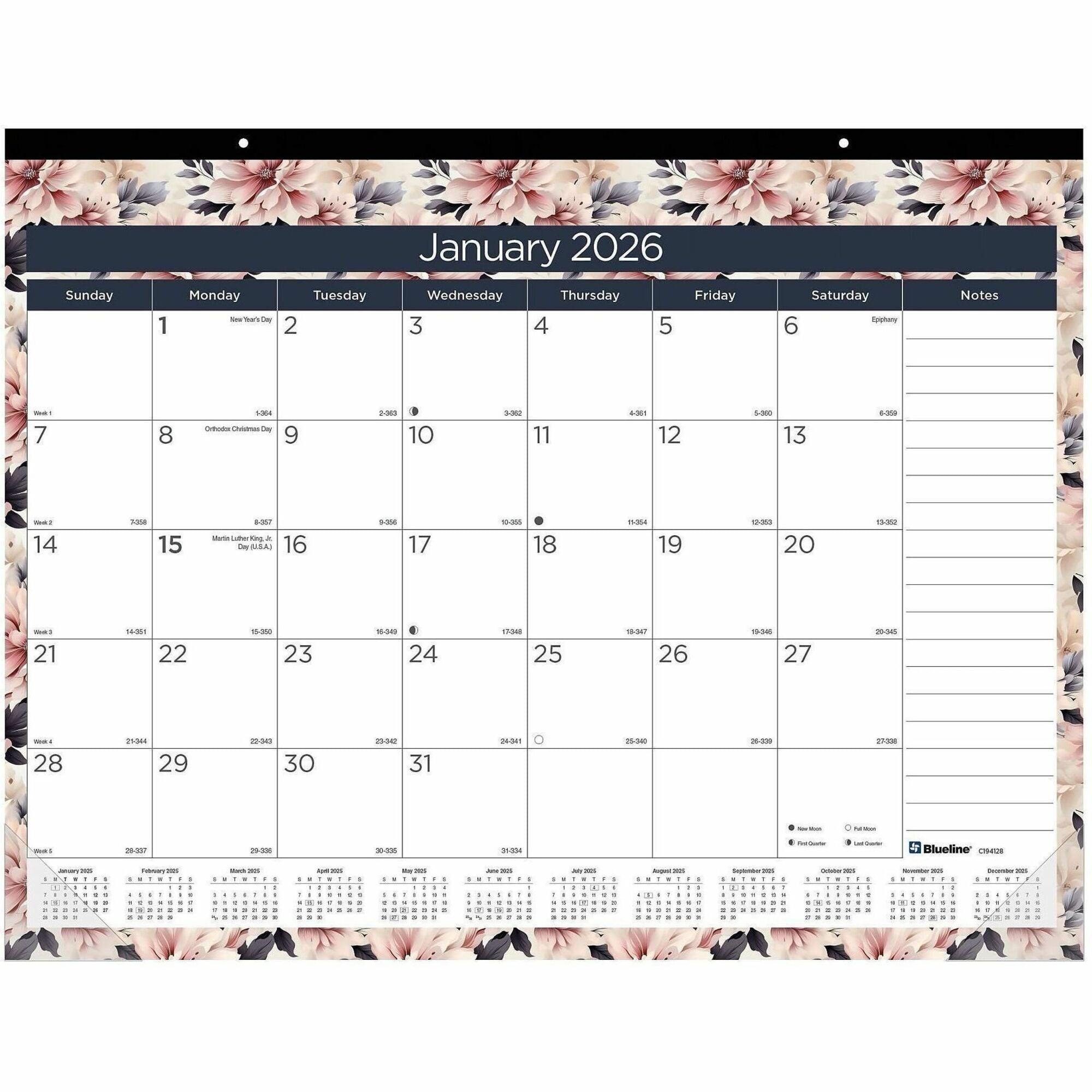 Blueline Abstract Floral Monthly Desk Pad - Monthly - 12 Month - January 2024 - December 2024 - 1 Month Single Page Layout - 17" x 22" Sheet Size - Desk Pad - Abstract Floral, Clear - Chipboard, Vinyl - Dated Planning Page, Daily Block, Notes Section