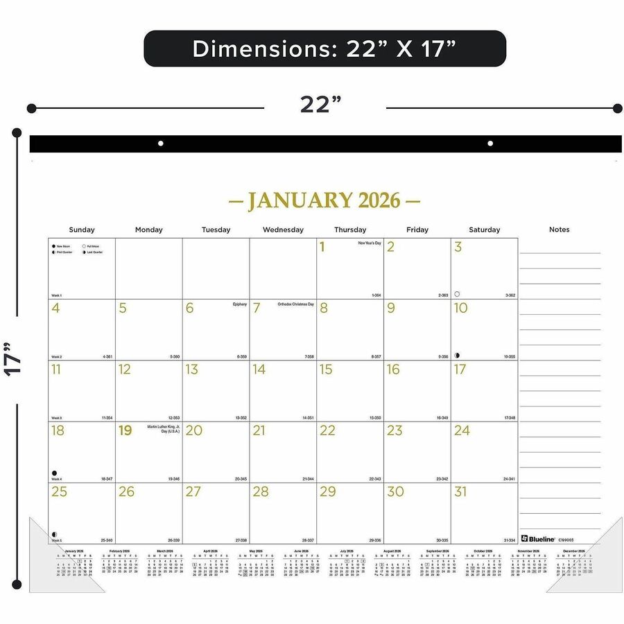 Blueline Classic Gold Monthly Desk Pad Calendar - Monthly - 12 Month - January 2024 - December 2024 - 1 Month Single Page Layout - 17" x 22" Sheet Size - Desk Pad - Clear, White - Chipboard, Vinyl - Dated Planning Page, Daily Block, Notes Section, Re