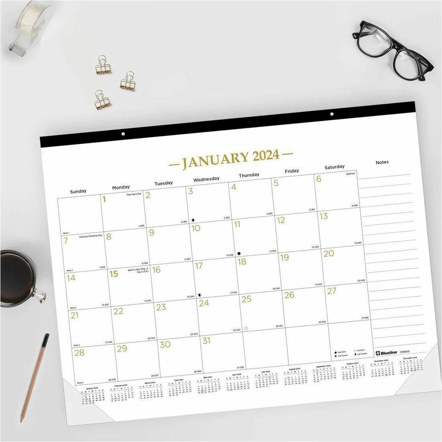 blueline-classic-gold-monthly-desk-pad-calendar-monthly-12-month-january-2024-december-2024-1-month-single-page-layout-17-x-22-sheet-size-desk-pad-clear-white-chipboard-vinyl-dated-planning-page-daily-block-notes-section-re_redc199003 - 8