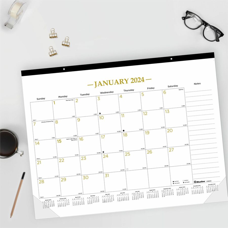 blueline-classic-gold-monthly-desk-pad-calendar-monthly-12-month-january-2024-december-2024-1-month-single-page-layout-17-x-22-sheet-size-desk-pad-clear-white-chipboard-vinyl-dated-planning-page-daily-block-notes-section-re_redc199003 - 4