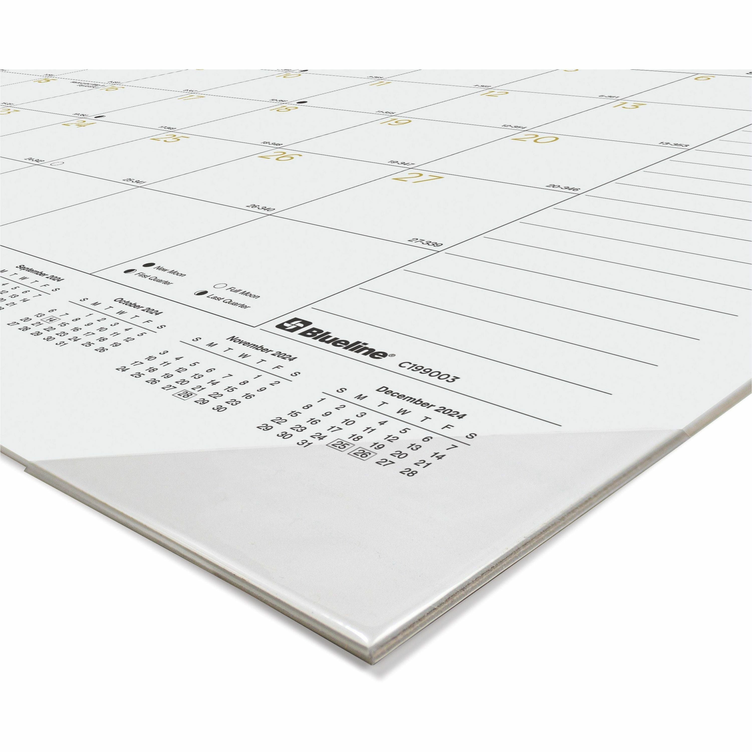 blueline-classic-gold-monthly-desk-pad-calendar-monthly-12-month-january-2024-december-2024-1-month-single-page-layout-17-x-22-sheet-size-desk-pad-clear-white-chipboard-vinyl-dated-planning-page-daily-block-notes-section-re_redc199003 - 2