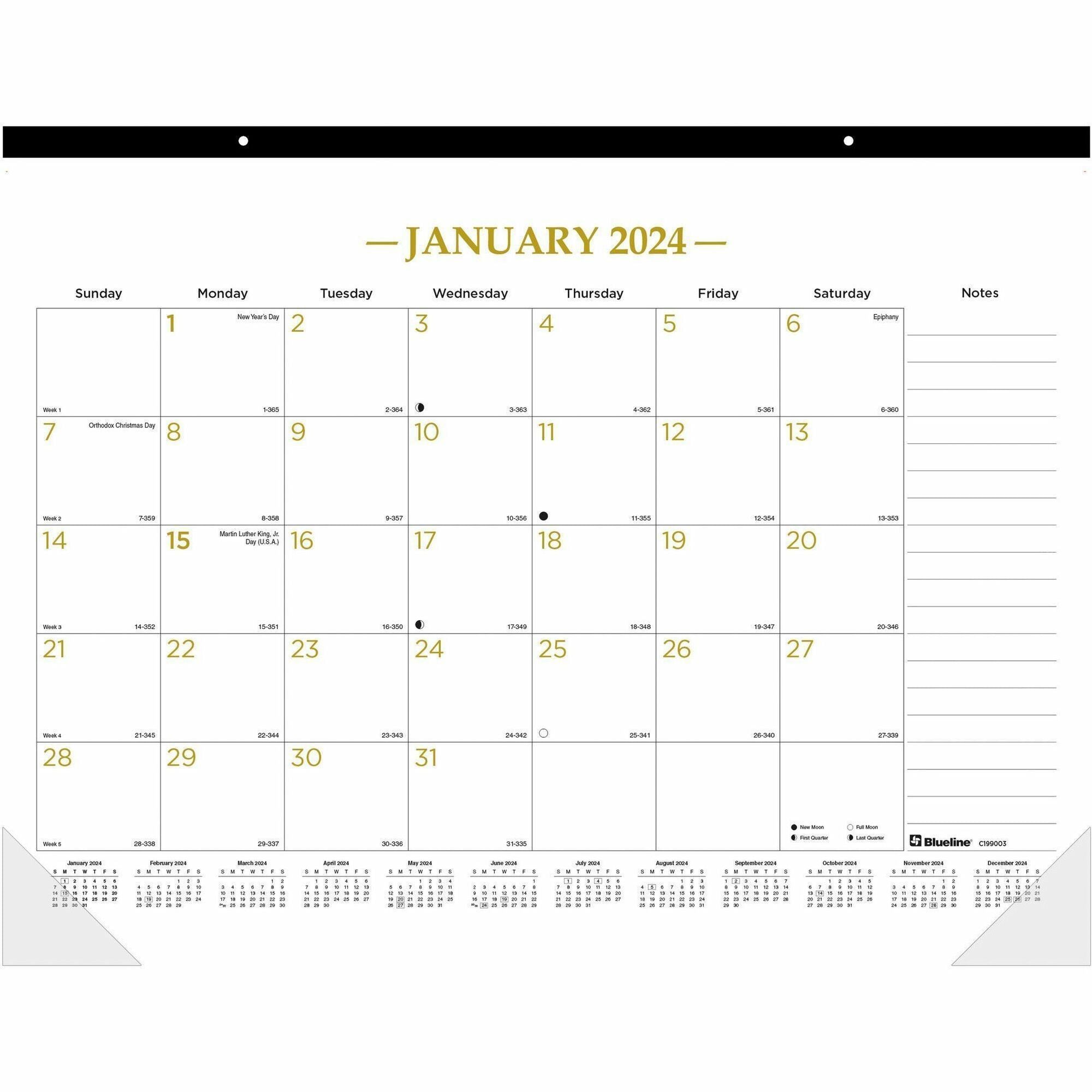 blueline-classic-gold-monthly-desk-pad-calendar-monthly-12-month-january-2024-december-2024-1-month-single-page-layout-17-x-22-sheet-size-desk-pad-clear-white-chipboard-vinyl-dated-planning-page-daily-block-notes-section-re_redc199003 - 1