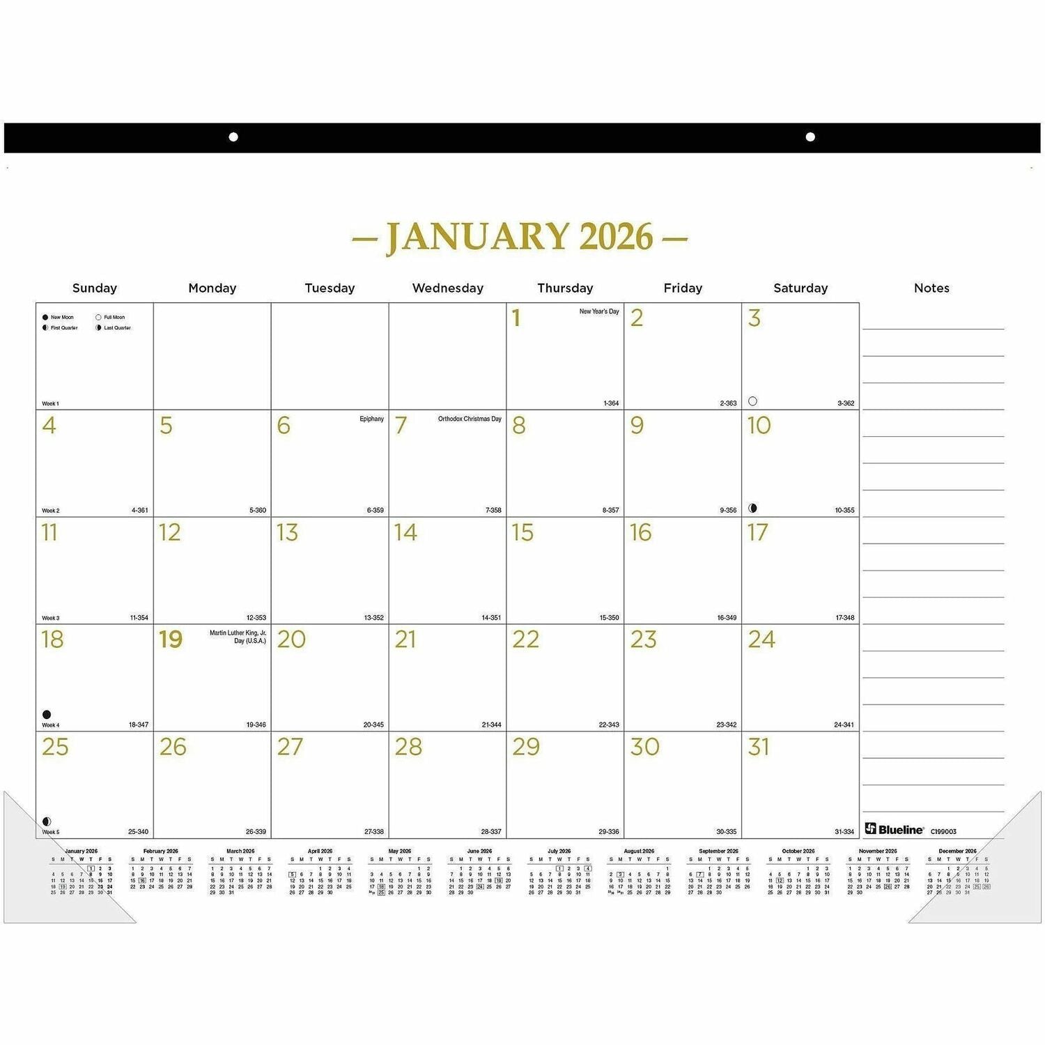 Blueline Classic Gold Monthly Desk Pad Calendar - Monthly - 12 Month - January 2024 - December 2024 - 1 Month Single Page Layout - 17" x 22" Sheet Size - Desk Pad - Clear, White - Chipboard, Vinyl - Dated Planning Page, Daily Block, Notes Section, Re