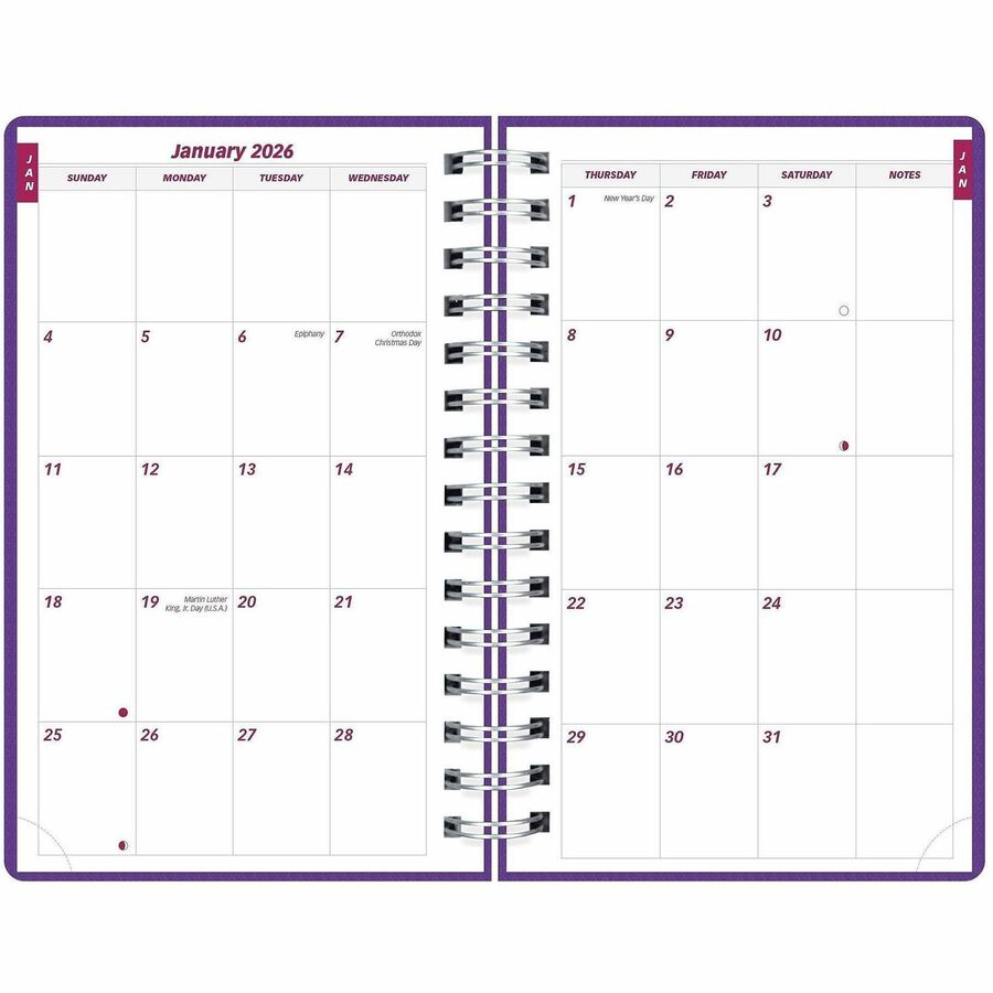 Brownline DuraFlex Daily Appointment Planner - Daily, Monthly - 12 Month - January 2024 - December 2024 - 7:00 AM to 7:30 PM - Half-hourly - 1 Day Single Page Layout 2 Month Double Page Layout - 5" x 8" Sheet Size - Twin Wire - Purple - Poly - Durabl