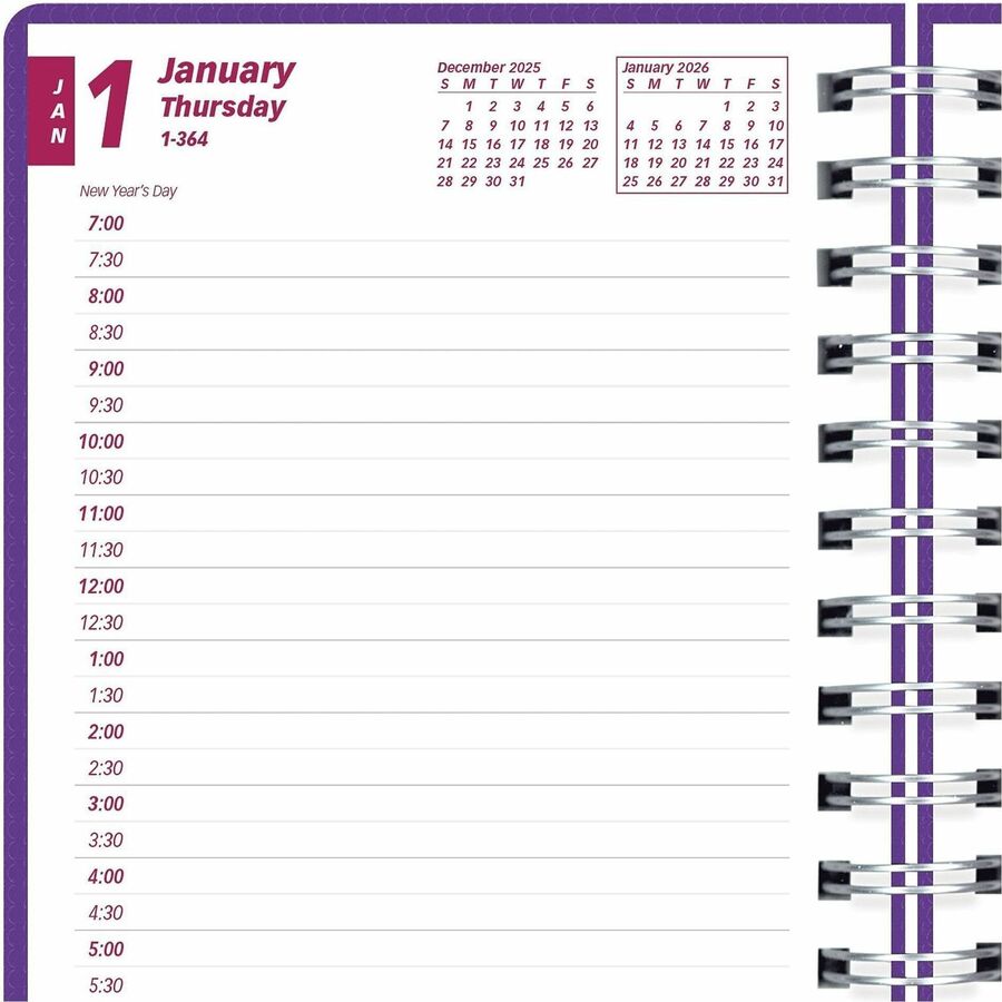 Brownline DuraFlex Daily Appointment Planner - Daily, Monthly - 12 Month - January 2024 - December 2024 - 7:00 AM to 7:30 PM - Half-hourly - 1 Day Single Page Layout 2 Month Double Page Layout - 5" x 8" Sheet Size - Twin Wire - Purple - Poly - Durabl