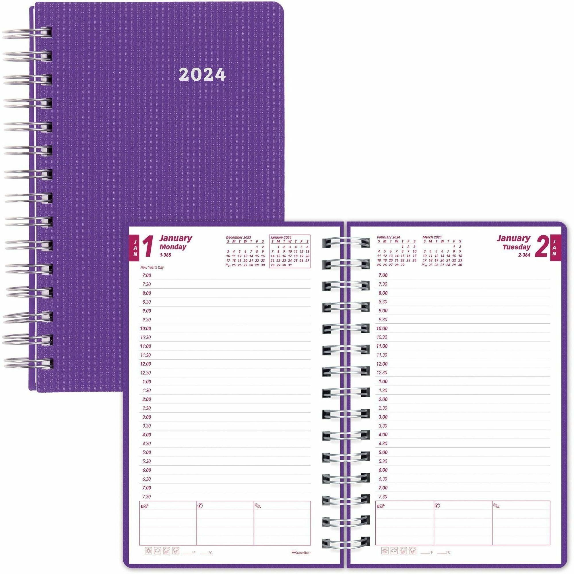 brownline-duraflex-daily-appointment-planner-daily-monthly-12-month-january-2024-december-2024-700-am-to-730-pm-half-hourly-1-day-single-page-layout-2-month-double-page-layout-5-x-8-sheet-size-twin-wire-purple-poly-durabl_redcb634vpur - 1