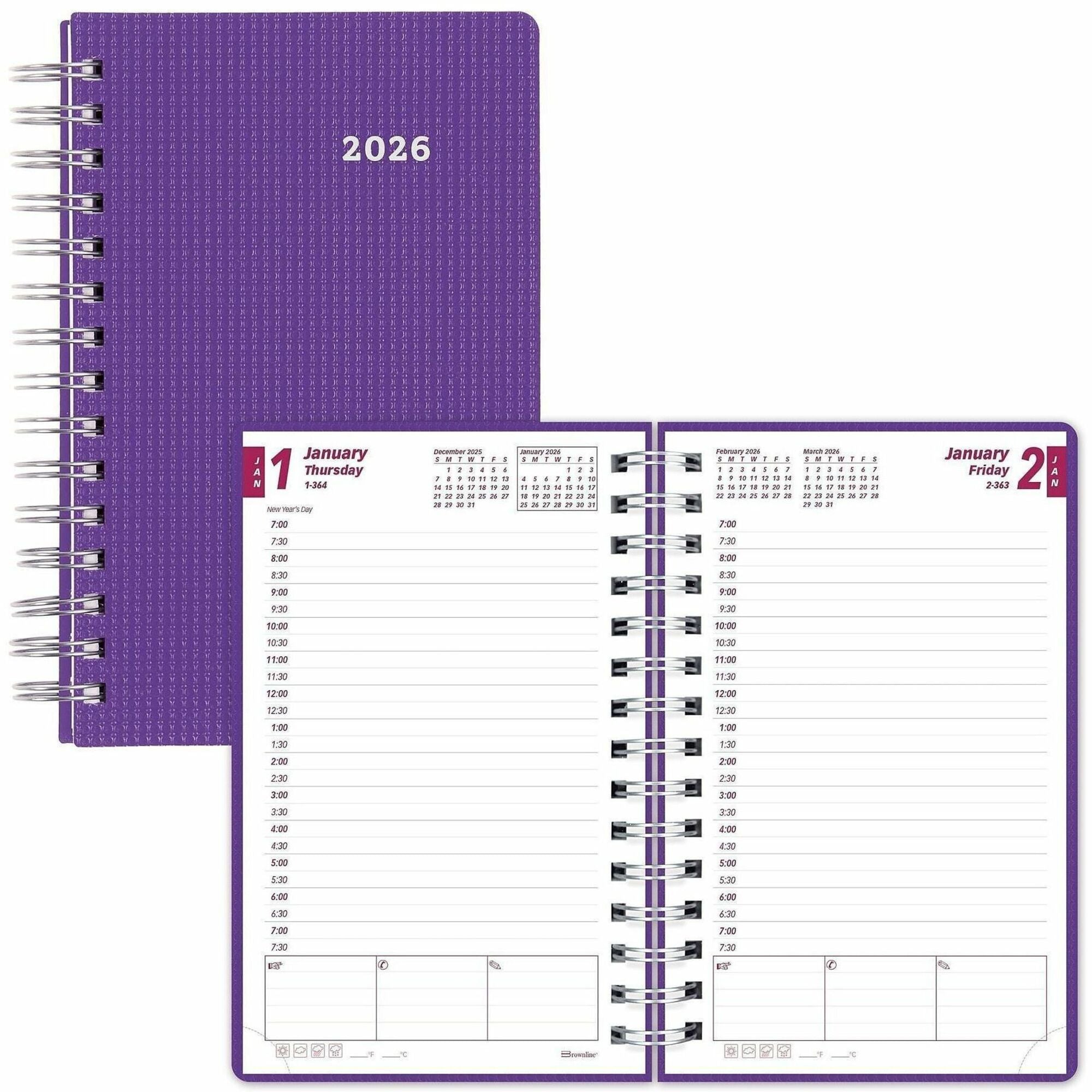 Brownline DuraFlex Daily Appointment Planner - Daily, Monthly - 12 Month - January 2024 - December 2024 - 7:00 AM to 7:30 PM - Half-hourly - 1 Day Single Page Layout 2 Month Double Page Layout - 5" x 8" Sheet Size - Twin Wire - Purple - Poly - Durabl