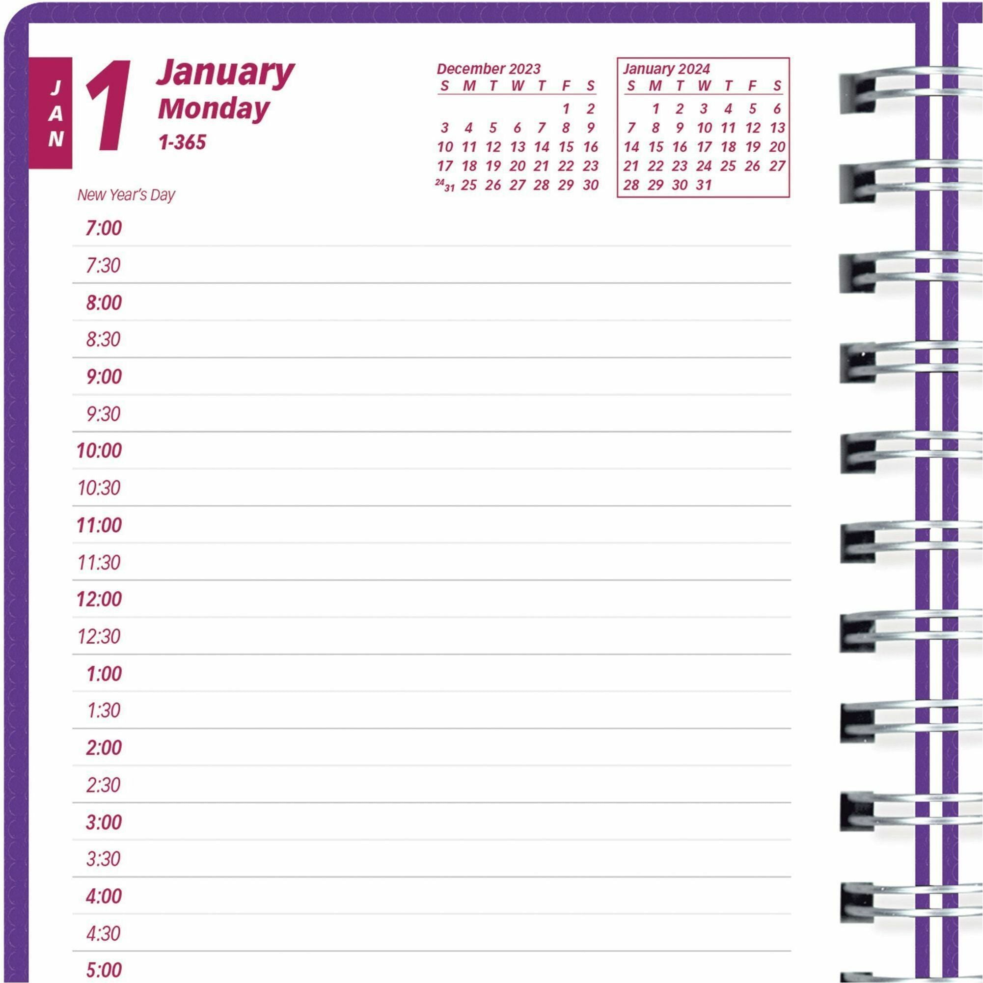 brownline-duraflex-daily-appointment-planner-daily-monthly-12-month-january-2024-december-2024-700-am-to-730-pm-half-hourly-1-day-single-page-layout-2-month-double-page-layout-5-x-8-sheet-size-twin-wire-purple-poly-durabl_redcb634vpur - 5