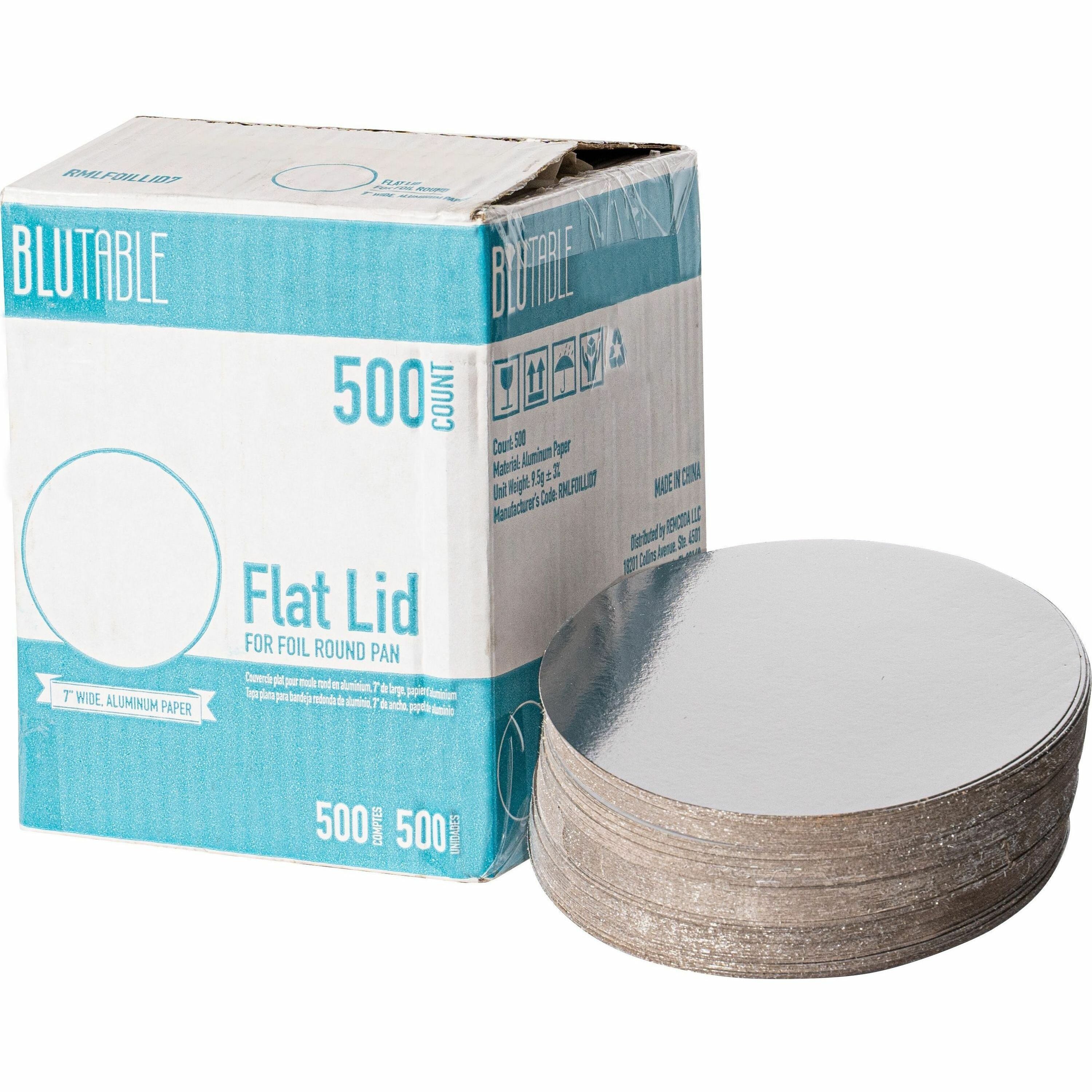 BluTable 7" Round Foil Pan Flat Board Lids - Round - 500 / Carton - White, Silver - 1