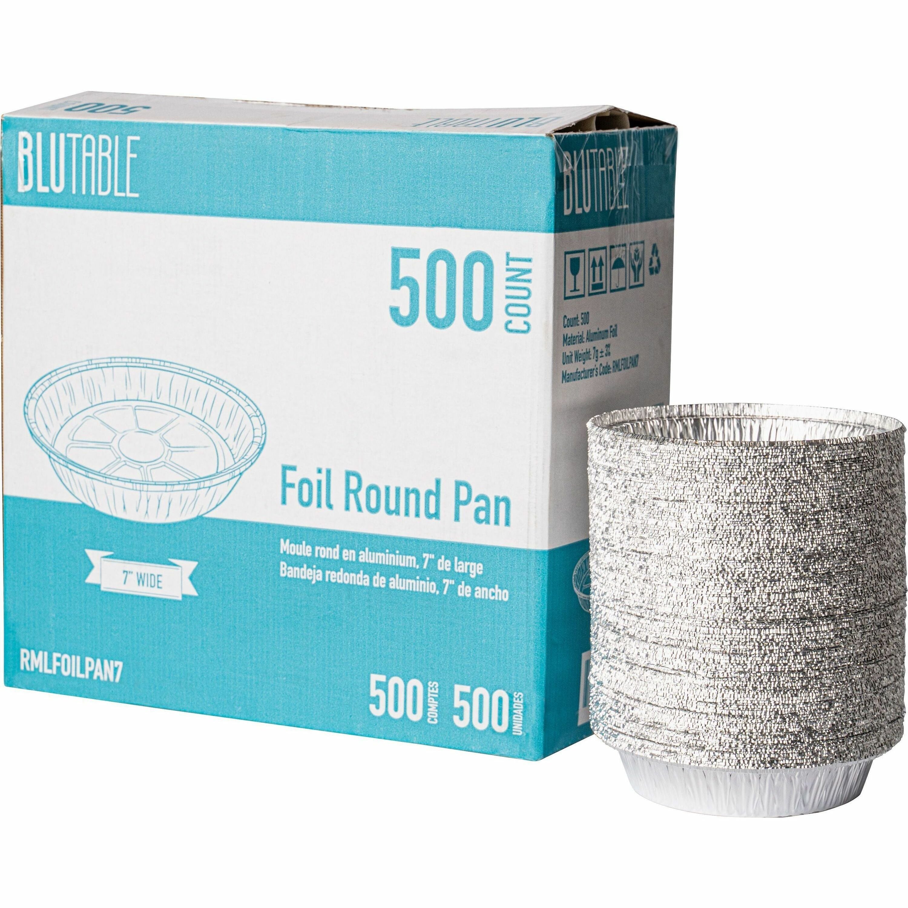 BluTable 7" Round Foil Pans - Food, Food Storage - Silver - Aluminum Body - Round - 500 / Carton - 1