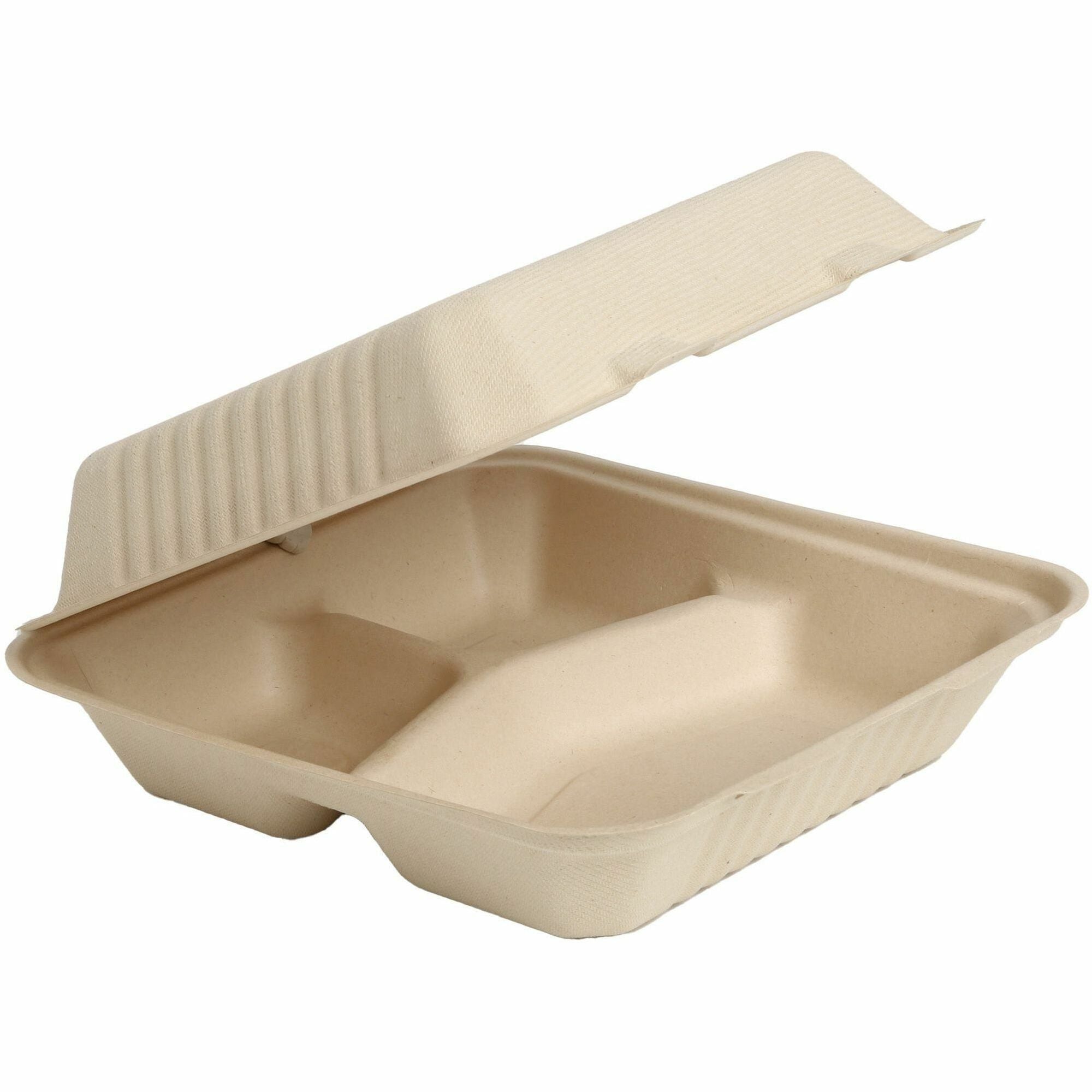BluTable 39 oz 3-Compartment Portable Clamshell Containers - Food - Natural - Molded Fiber, Sugarcane Fiber Body - 200 / Carton - 1