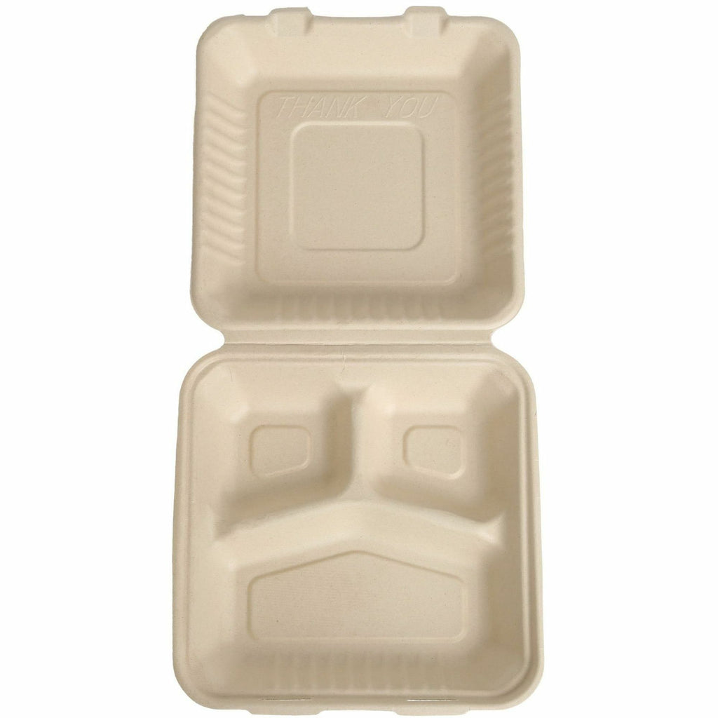 BluTable 39 oz 3-Compartment Portable Clamshell Containers - Food - Natural - Molded Fiber, Sugarcane Fiber Body - 200 / Carton - 3