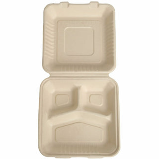 BluTable 39 oz 3-Compartment Portable Clamshell Containers - Food - Natural - Molded Fiber, Sugarcane Fiber Body - 200 / Carton - 3