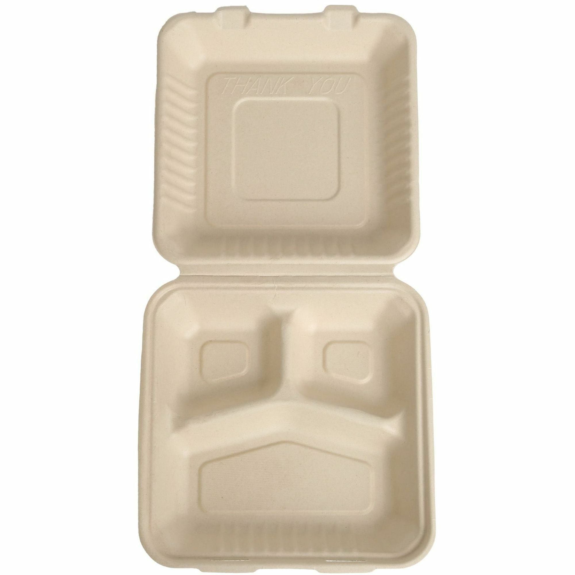 BluTable 39 oz 3-Compartment Portable Clamshell Containers - Food - Natural - Molded Fiber, Sugarcane Fiber Body - 200 / Carton - 3