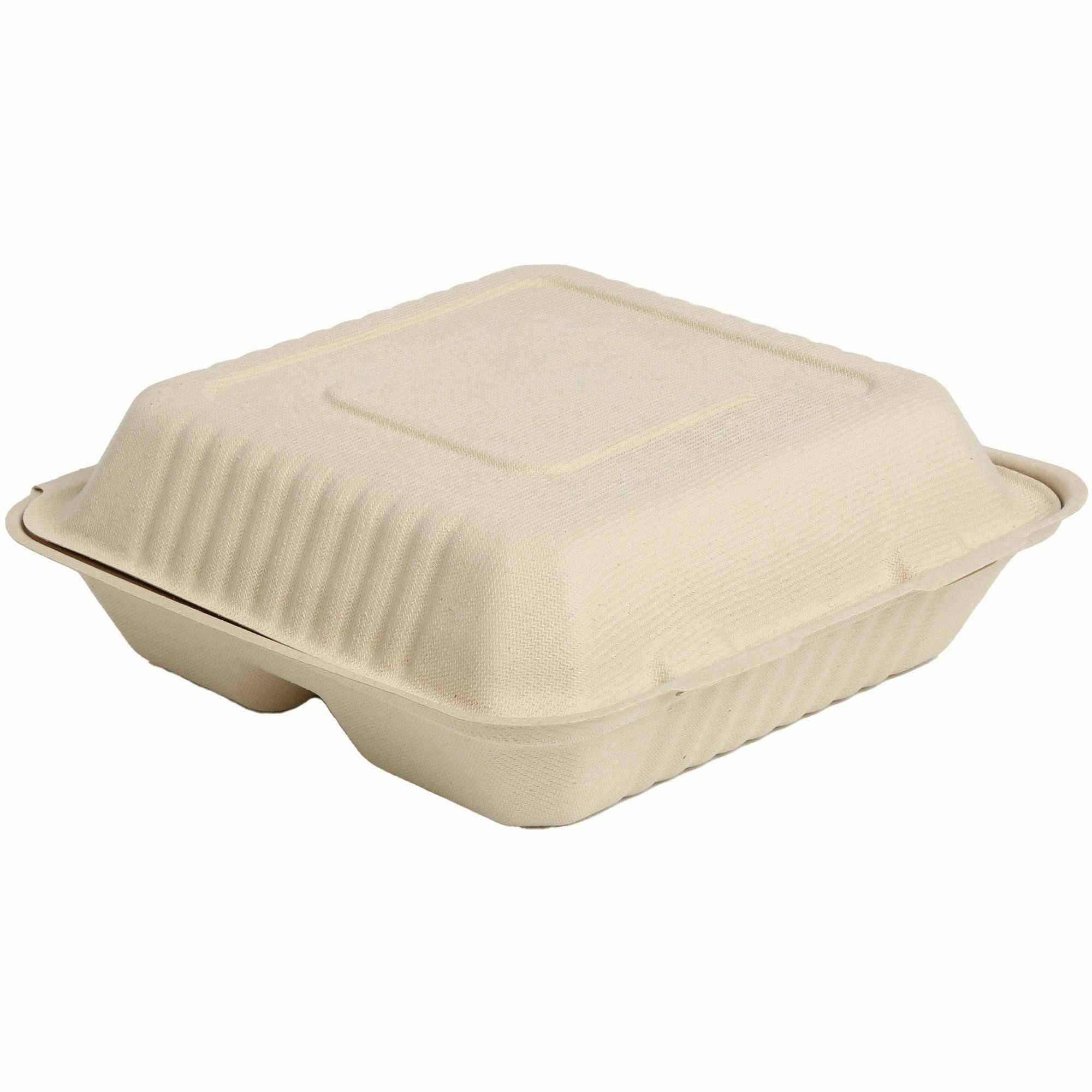 BluTable 39 oz 3-Compartment Portable Clamshell Containers - Food - Natural - Molded Fiber, Sugarcane Fiber Body - 200 / Carton - 2