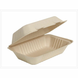 BluTable 27 oz Portable Clamshell Containers - Food - Natural - Molded Fiber, Sugarcane Fiber Body - 250 / Carton